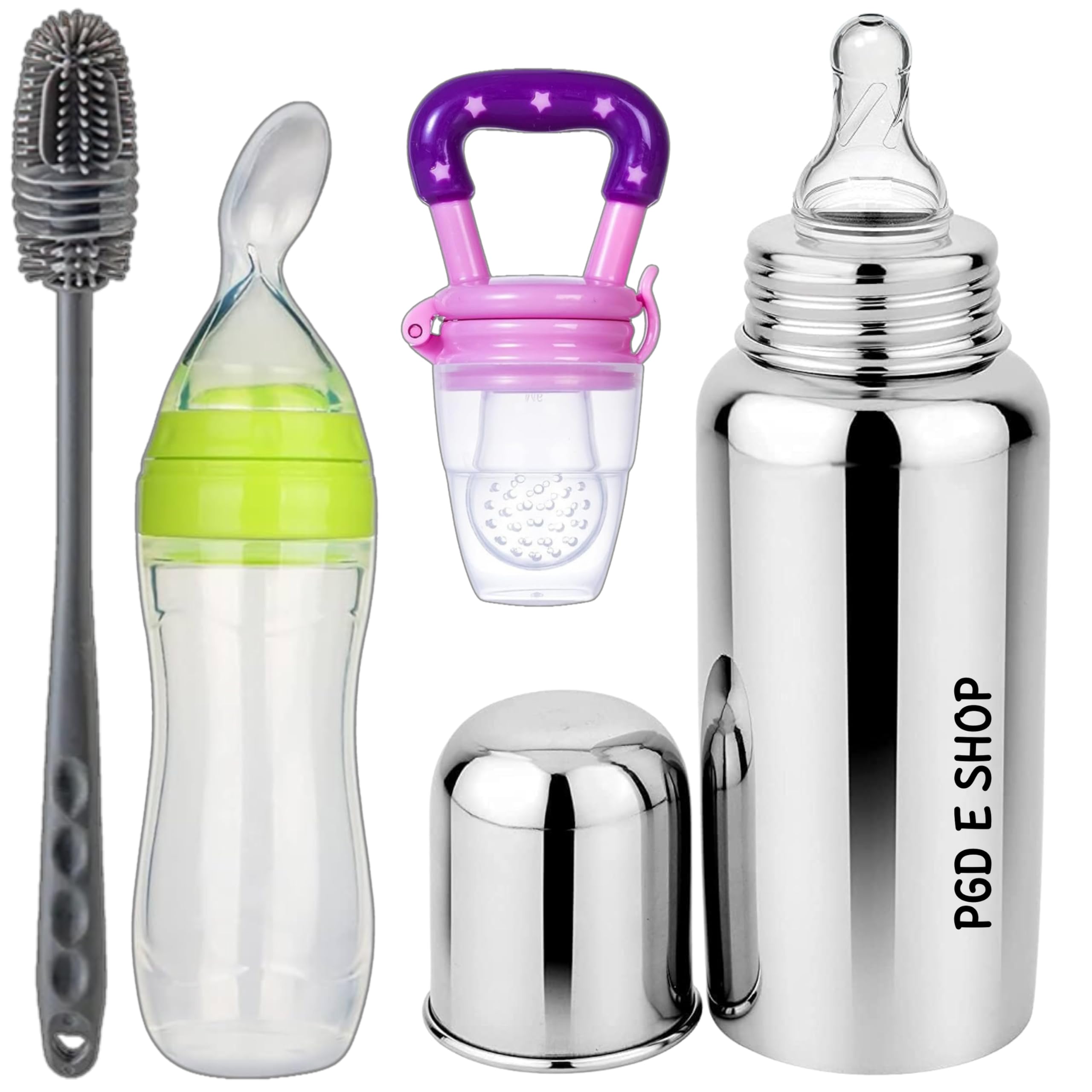 PGD Baby Feeding Combo Set Premium Steel Feeding Bottle, Silicone Baby Food Fruit Feeder Nibbler 10ml & Food Feeder Spoon 90ml with Long Handle Cleaning Brush (300ml Comprehensive Feeding Bottle Combo Set)-image-49