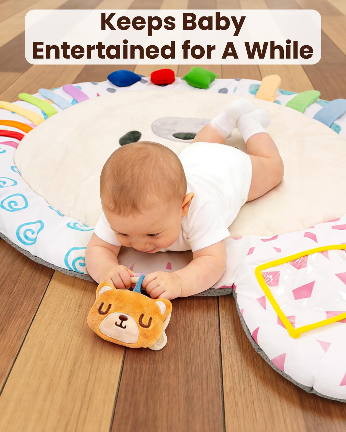 Baby Play Gym, Thickened and Non Slip Activity Mat, 5 Developmental Zones Tummy Time Mat with 5 Detachable Sensory Toys for Motor Skills, Baby Essentials Shower Gift Box(Bear)