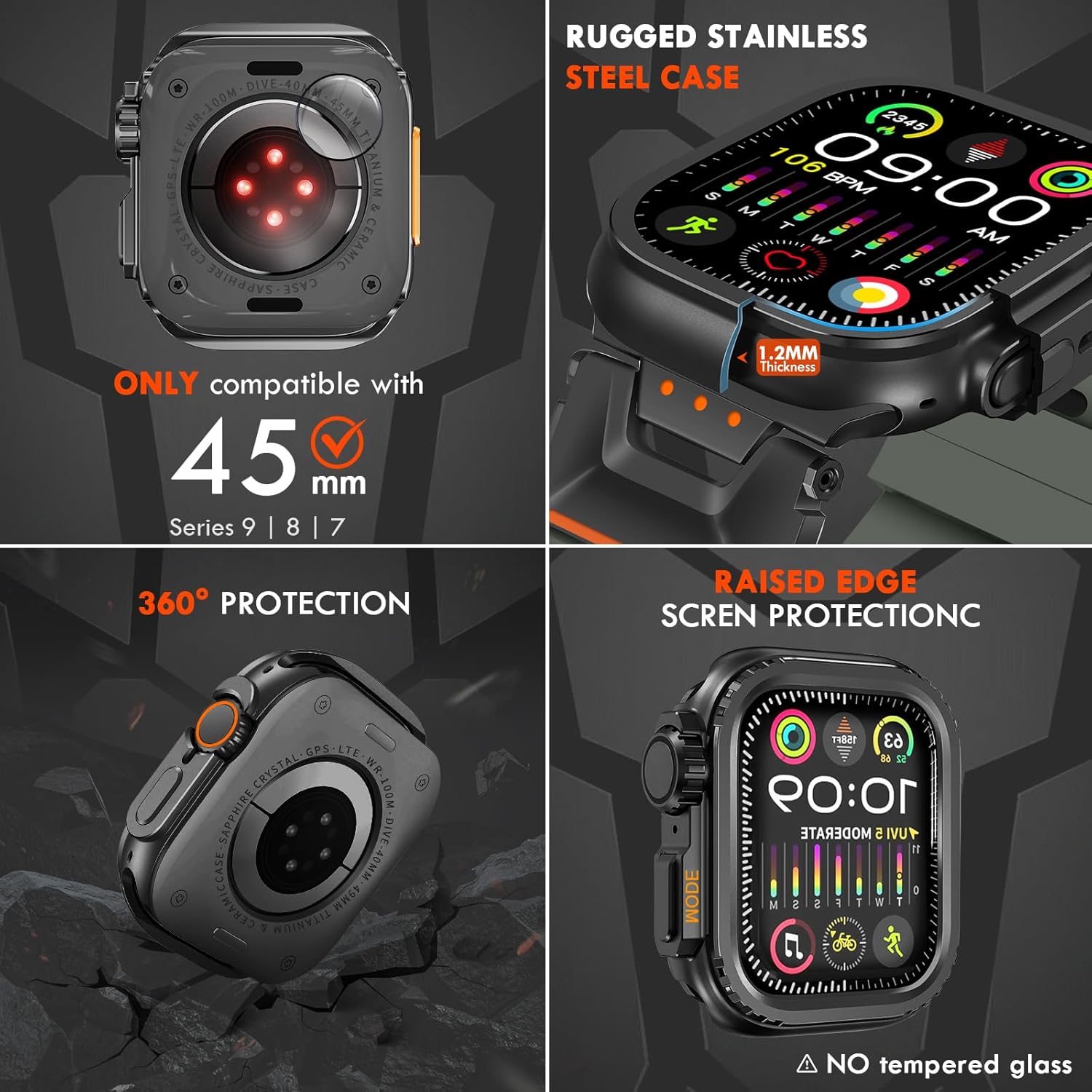 Rugged Strap for Apple Watch Band 45mm with Ultra Style Stainless Steel Case, Armor TPU Sport Bands for iWatch Series 9/8/7 with Metal Connector, Waterproof Wristband for Apple Watch Men Black/Gray