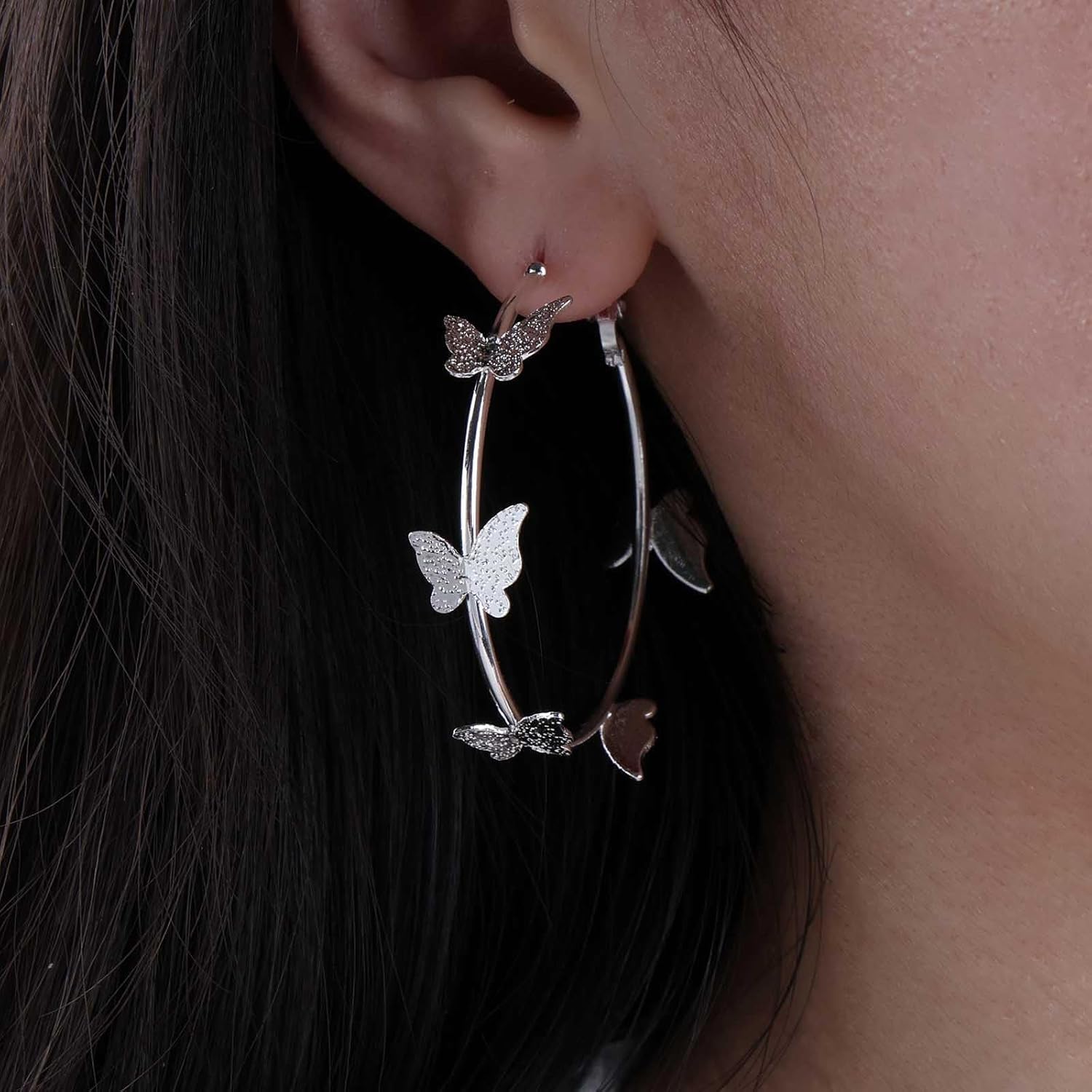 Vintage Butterfly Hoop Earrings Exaggerate Hollow Hoop Dangle Earring Silver Butterfly Circle Earring Big Round Loop Earrings Jewelry for Women - Image 5