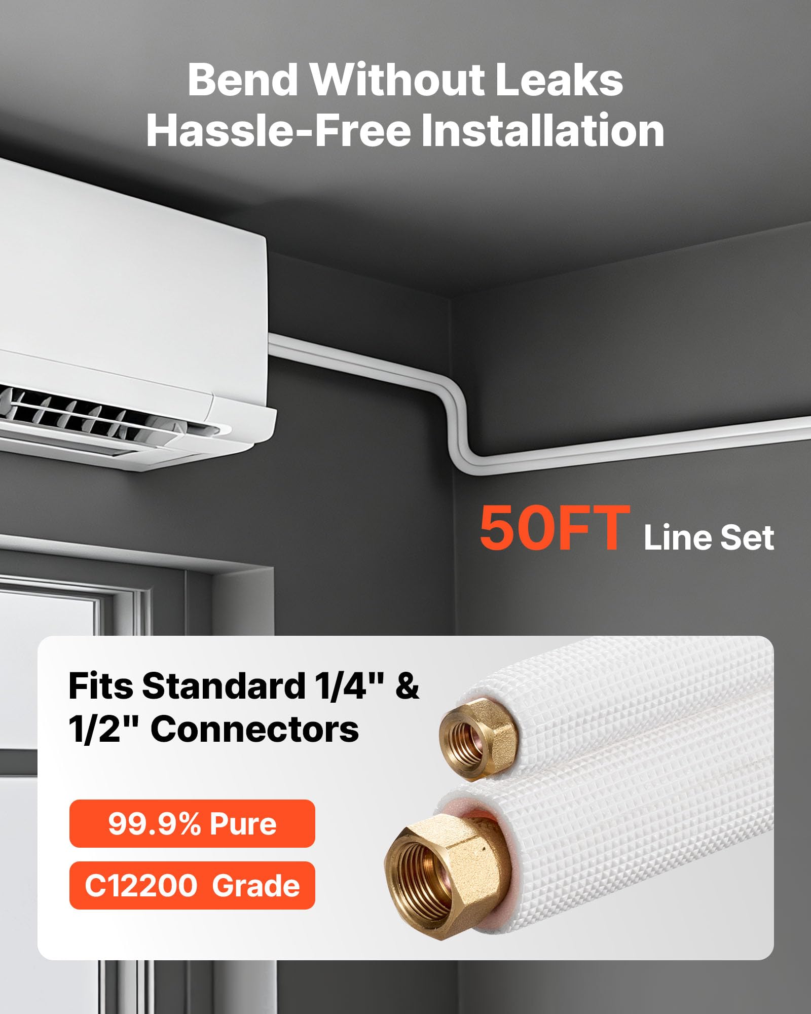 VEVOR Conducto Refrigerante de Cobre Largo de 15,24 m, Tubo de Cobre Aislado Diámetro Exterior 6,4 mm y 12,7 mm, para Sistema de Mini-split de Aire Acondicionado, Tubo de Bobina Aislante de PE