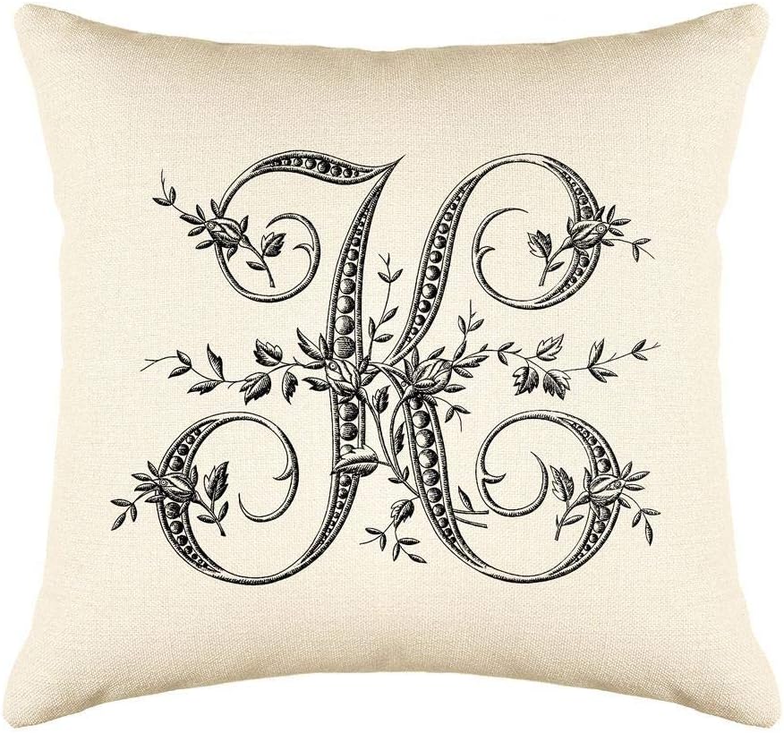 Di Lewis Throw Pillow Cushion Cover - 20x20 - Vintage French Monogram Letter K - Woven Cotton Blend - for Couch Bed Sofa Pillows - Linen Cream……