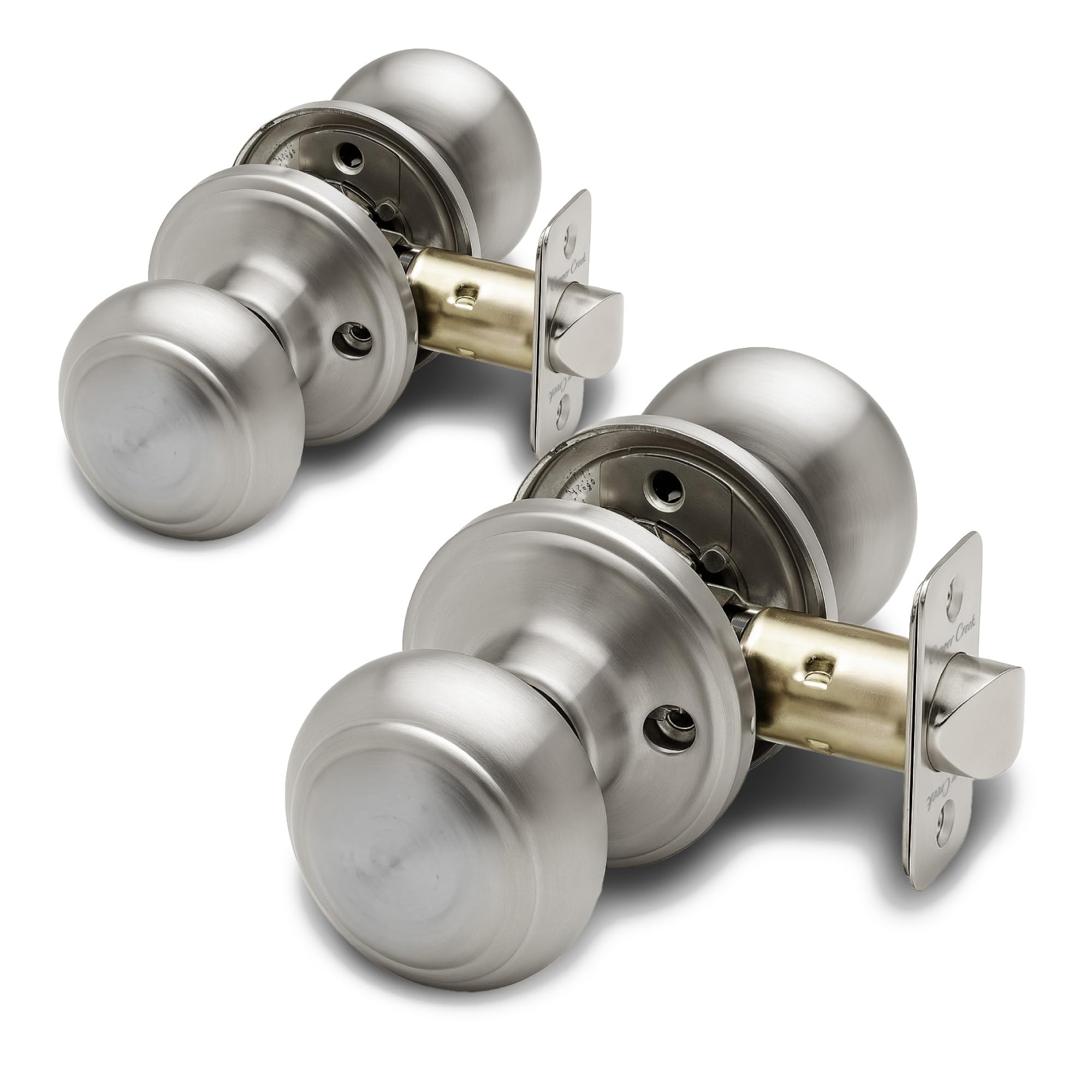 Copper Creek Satin Stainless Door Knobs - Round Colonial Knob 2 Pack Interior Passage Handle Perfect For Home Improvement - Fits All Standard Doors 849386043047