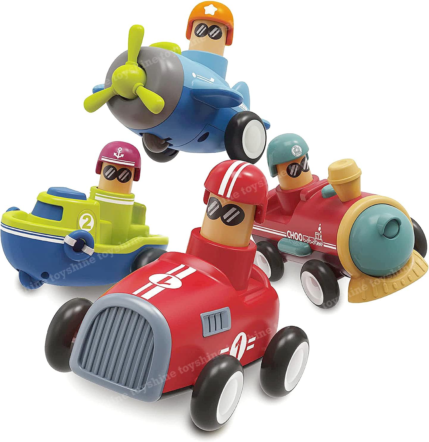 - Pack of 4 Toy Cars Push and Go Play Set Friction Powered Car Pull Back Vehicles Transport Tools Gifts for Babies Toddlers Kids Boys Girls Age 3+ Years Old (Including Car Airplane Boat Train)