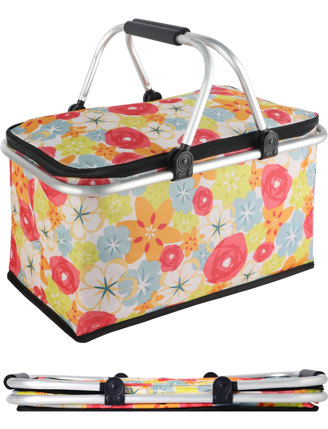 Isolierter Picknickkorb, faltbare Kühltasche, 32 l, Lebensmittelkorb mit Deckel, 2 stabile Griffe, Aufbewahrungskorb für Picknick, Lebensmittellieferung, zum Mitnehmen, Markteinkäufe, Reisen