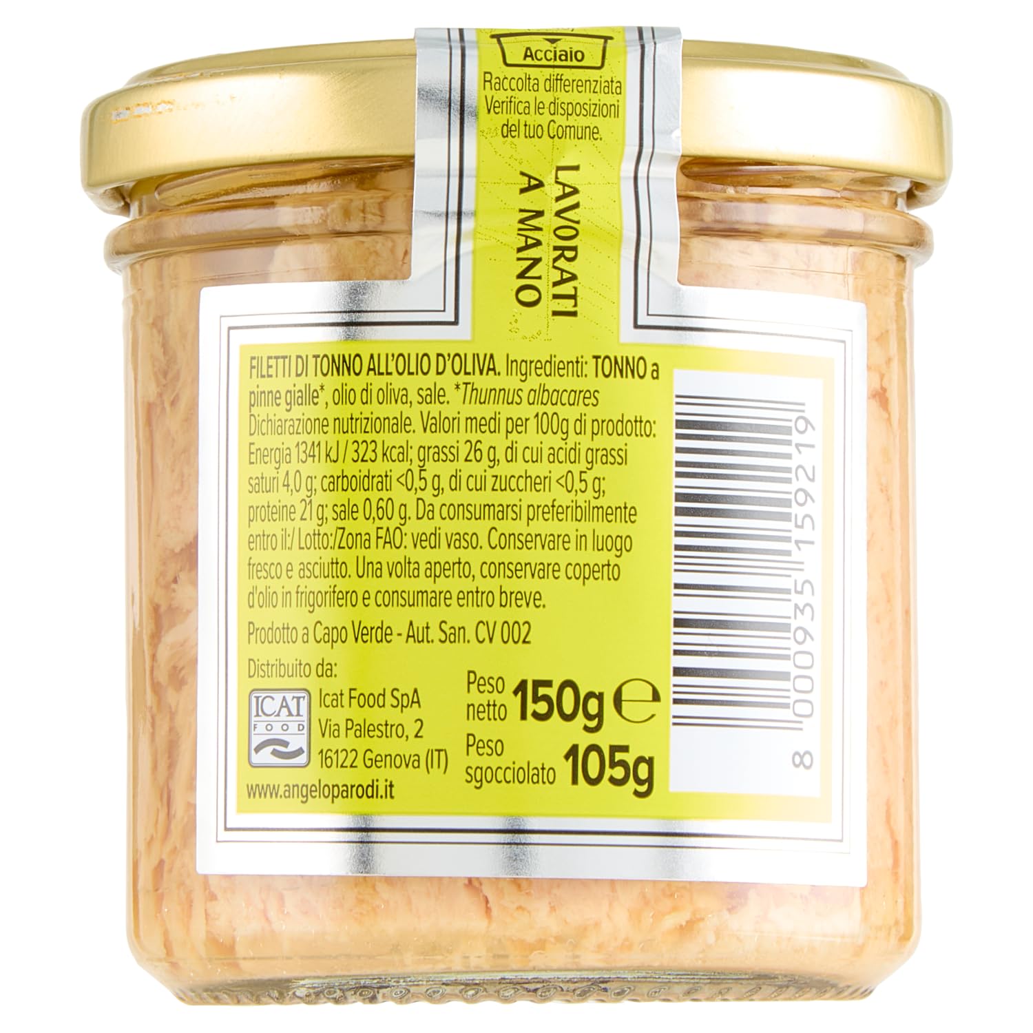 ANGELO PARODI - Filetti di Tonno a Pinne Gialle in Olio di Oliva Lavorati a Mano in Vaso Vetro 12 Confezioni da 150g