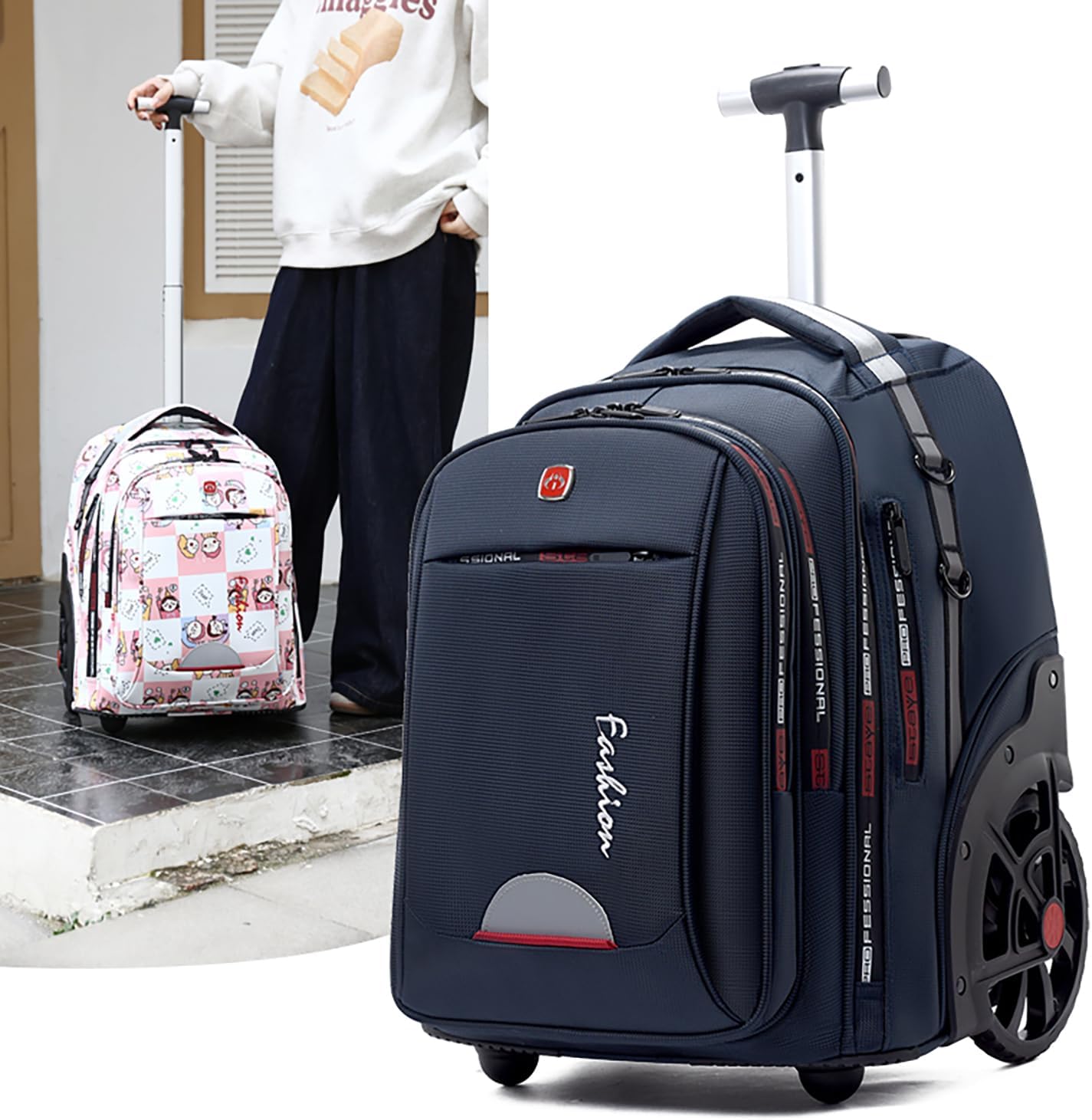 Waterproof Rolling Backpack for Women and Men, Laptop Backpack with Wheels for Adults, Carry on Backpack with Large Wheels for Travel and Business Commuter (Blue, 22inch) - Image 6