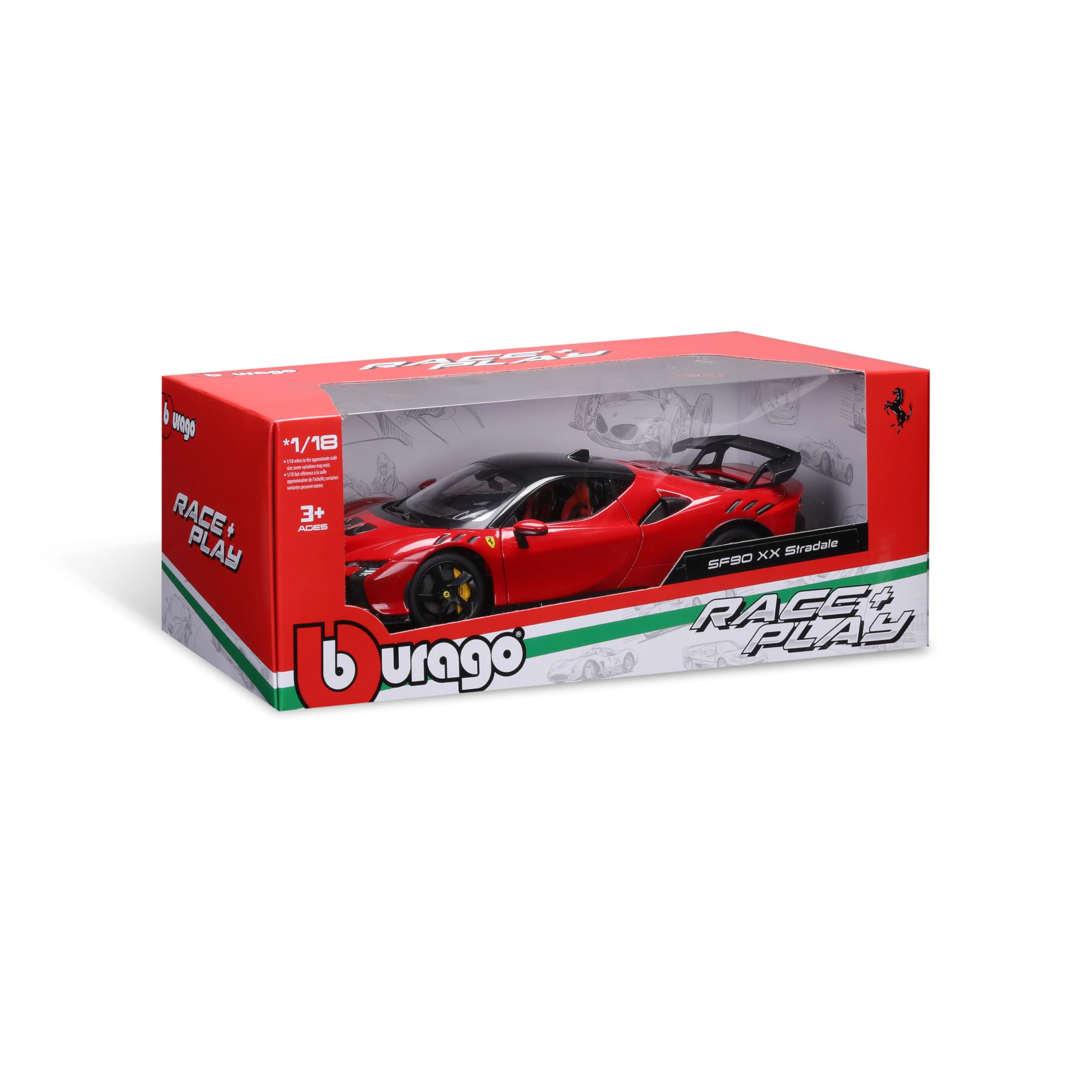 Bburago "Race&Play Ferrari SF90 XX Stradale, Rosso Corsa - Supercar Modellauto 1:18 Die-Cast Originalgetreues Sammlerauto Spielzeugauto mit beweglichen Elementen ab 3+ (18-16020RD-1)