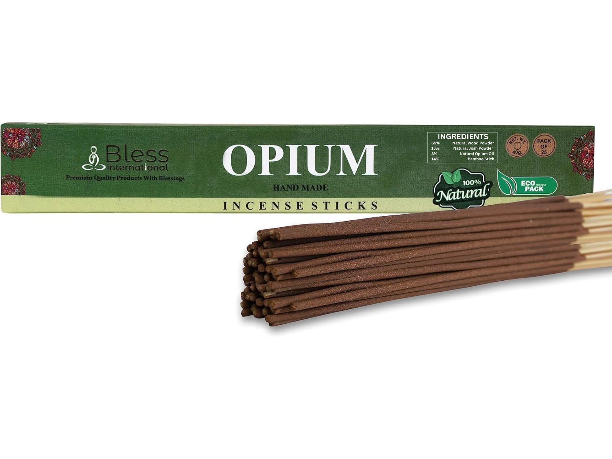 Bless-Opium-Incense-Sticks 100%-Natural-Handmade-Hand-Dipped-Incense-Sticks Organic-Chemicals-Free for-Purification-Relaxation-Positivity-Yoga-Meditation The-Best-Woods-Scent (25 Sticks (40GM))