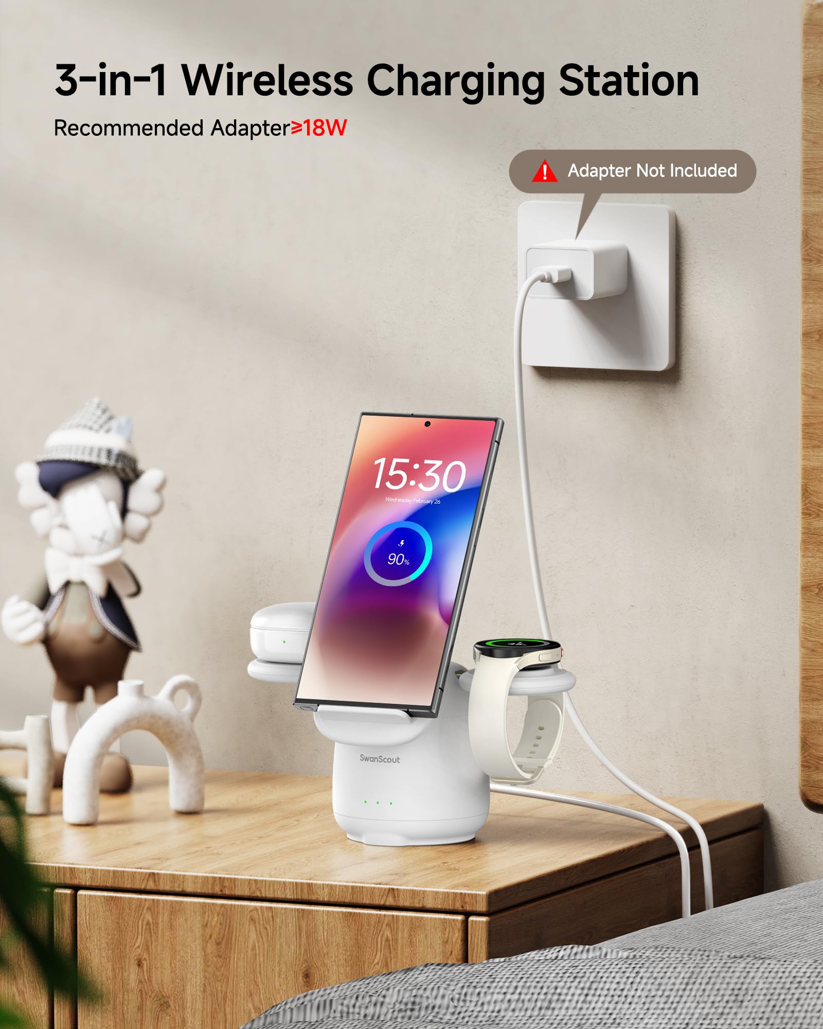 SwanScout Wireless Charger for Samsung Galaxy S25, 3 in 1 Charging Station for Galaxy S25/S24/S23/S22/Z Flip/Fold, for Galaxy Watch7/Ultra/6/5, Galaxy Buds 3/Pro, SwanScout 707S (No Adapter)