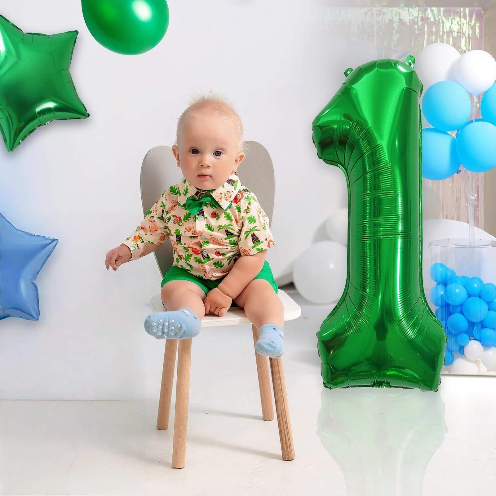 1. Geburtstag Luftballon Deko für Junge, 40 Zoll Grün Helium Zahl 1 Luftballon, Riesen Folienballon Zahlen 0-9 Ballon für Kinder Mädchen Geburtstag Babyparty Party Deko Jungle Dino Party Dekoration