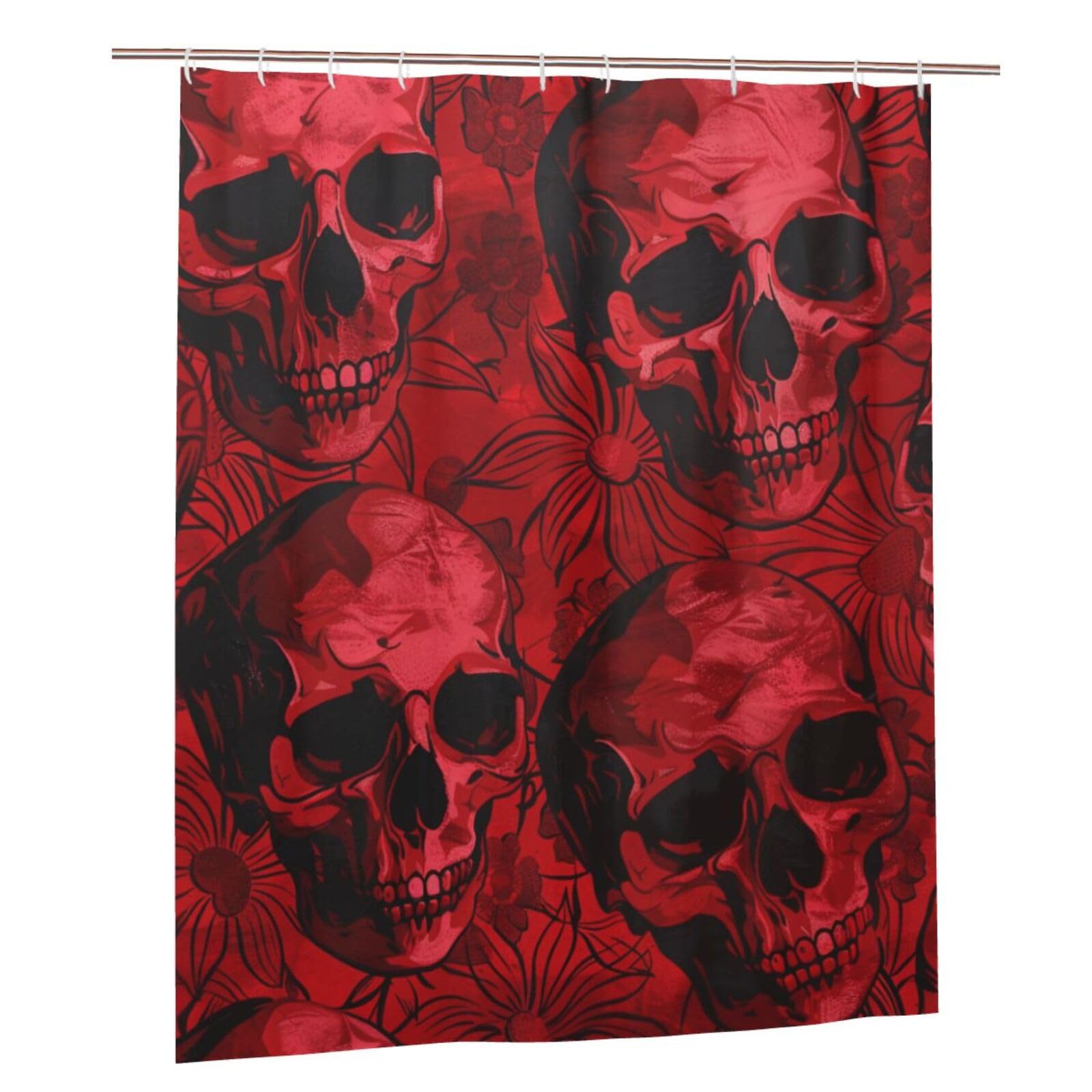 BWWHCCTI Red Skulls Printed Shower Curtain With 12 Plastic Hooks Opaque Quick Drying Waterproof Shower Curtains Sets For Bathroom 152x183 Cm