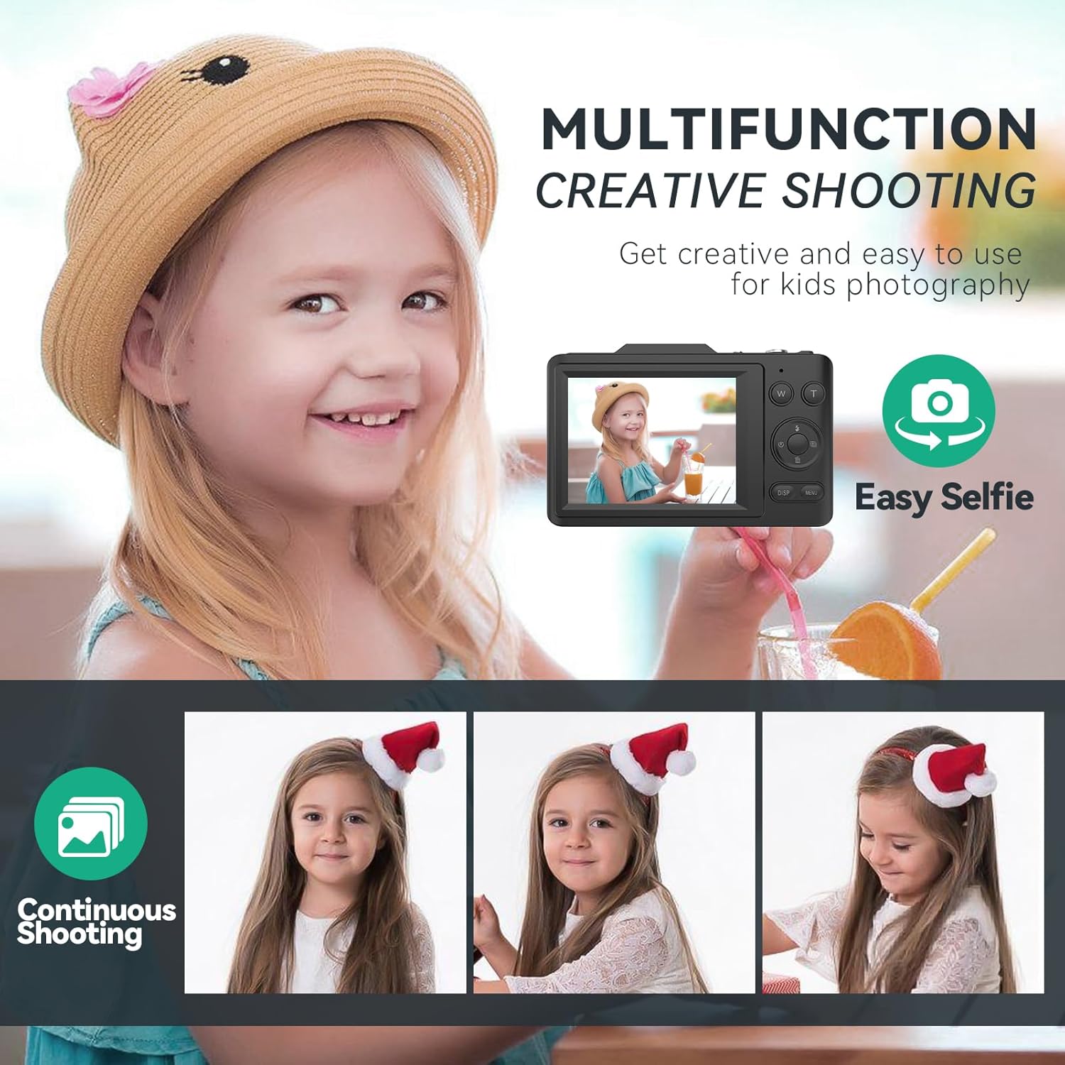 Camera with multifunction creative shooting options like easy selfie and continuous shooting