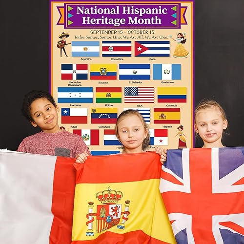 Miniatura 5 de Qyeahkj Póster del Mes de la Herencia Hispana con banderas de país hispano y nuevo tema para tablón de anuncios de aula, decoraciones educativas de