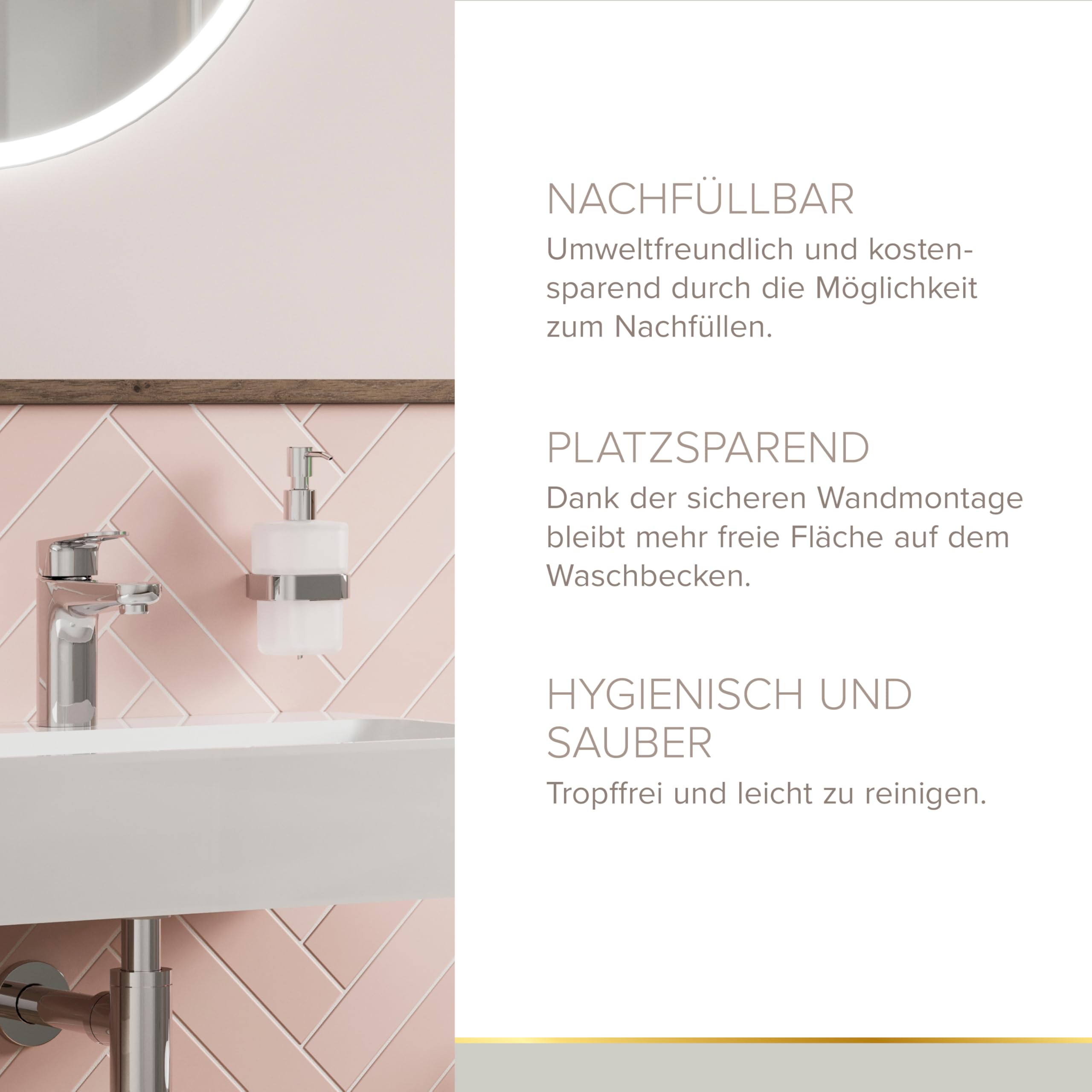 Lenz Seifenspender Aura in Chrom – Nachfüllbar und Tropffrei | Wandmontage inkl. Befestigungsmaterial – Pflegeleichte Oberfläche & hochwertige Verarbeitung, satiniertes Glas, 3408302