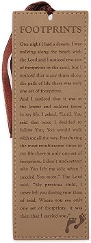 Christian Art Gifts Vegan Faux Leather Scripture Bookmark for Men and Women Footprints in The Sand - Inspirational Poem Heat-Debossed, Faith-Based Reading Book Accessory with Ribbon Tassel, Brown