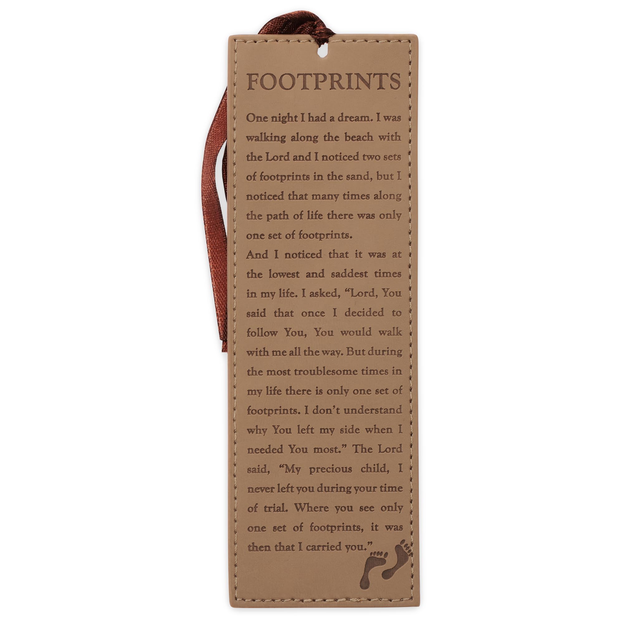 Christian Art Gifts Vegan Faux Leather Scripture Bookmark for Men and Women: Footprints in The Sand - Inspirational Poem Heat-Debossed, Faith-Based Reading Book Accessory with Ribbon Tassel, Brown