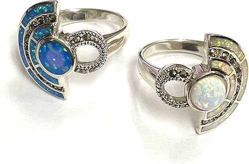 Miniatura 7 de Art Deco Style Egyptian Wallace Simpson Ring with Gilson Opal and Marcasite Stone 925 Sterling Silver
