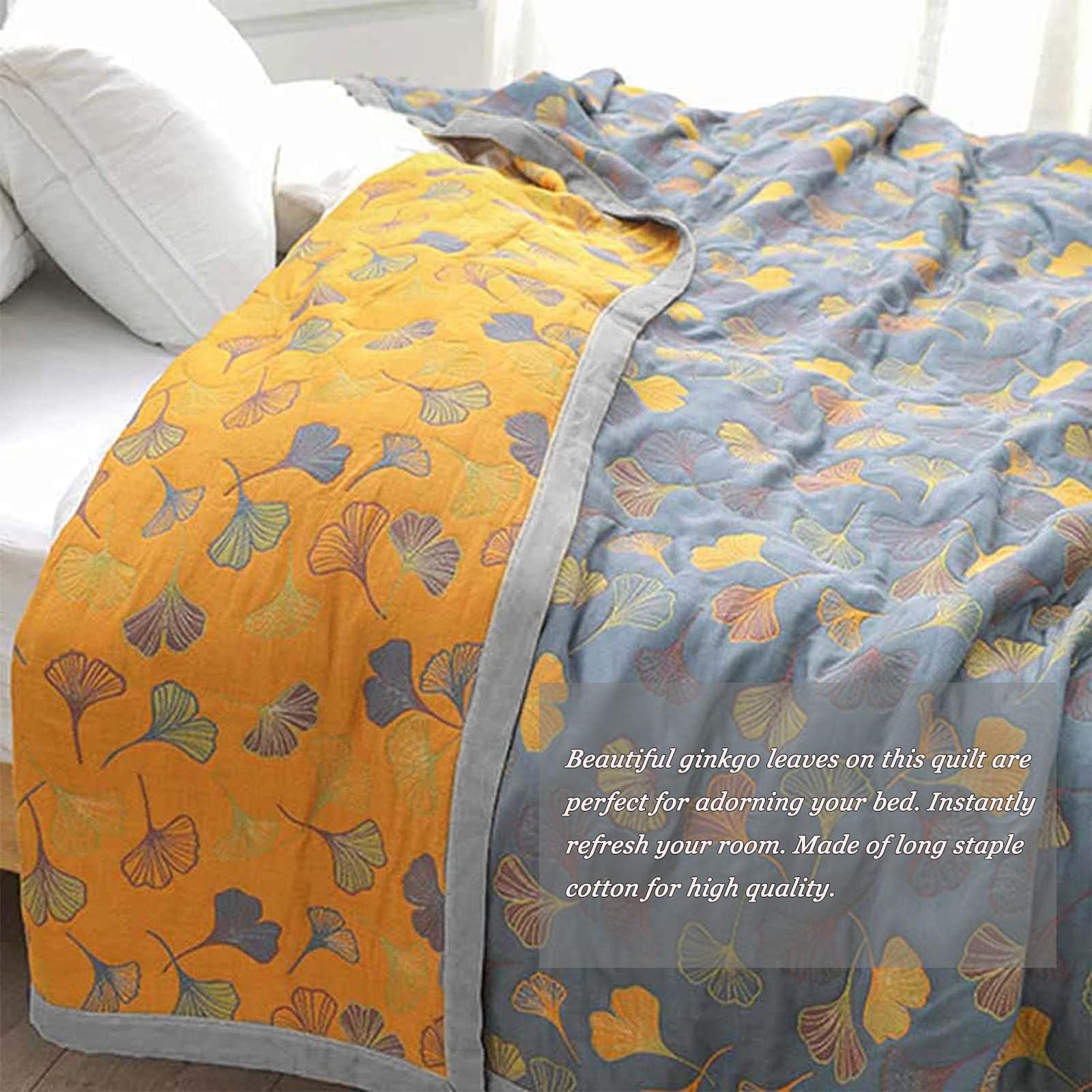 Ginkgo-Blattmuster, Baumwolle, wendbar, Ginkgo-Steppdecke, atmungsaktive Decke für jede Jahreszeit, leichte Couchdecke