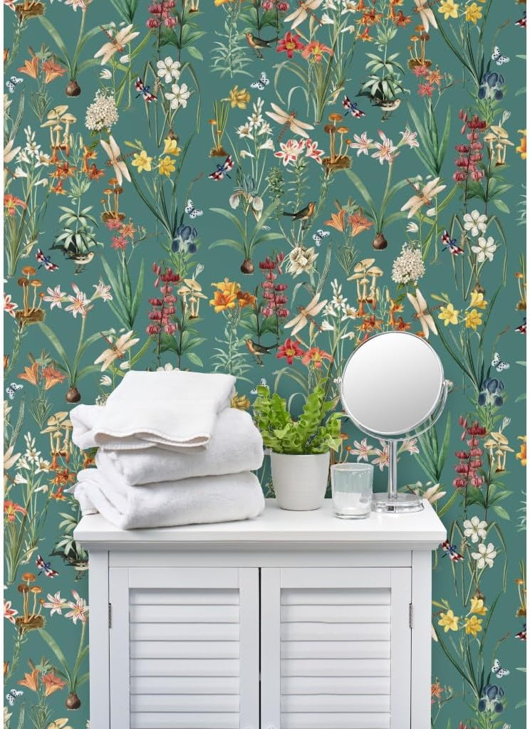 Spoonflower Commercial Grade Wallpaper 27ft x 2ft - Garden Dragonflies Large Iris Botanical Daffodil Spring Vintage Floral Traditional Wallpaper