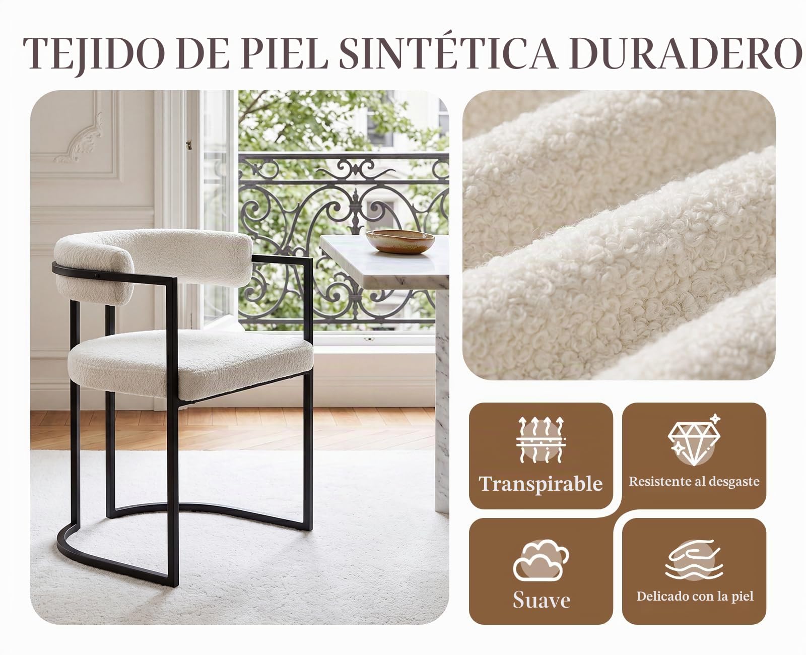 Ya-Home Juego de 2 Silla de Comedor Silla Cocina de Lana Sintética, Blanco | Asiento Tapizado de Lana Sintética, Patas de Metal Antideslizantes, Respaldo Curvado, Cojin Grueso, para Hogar/Restaurante
