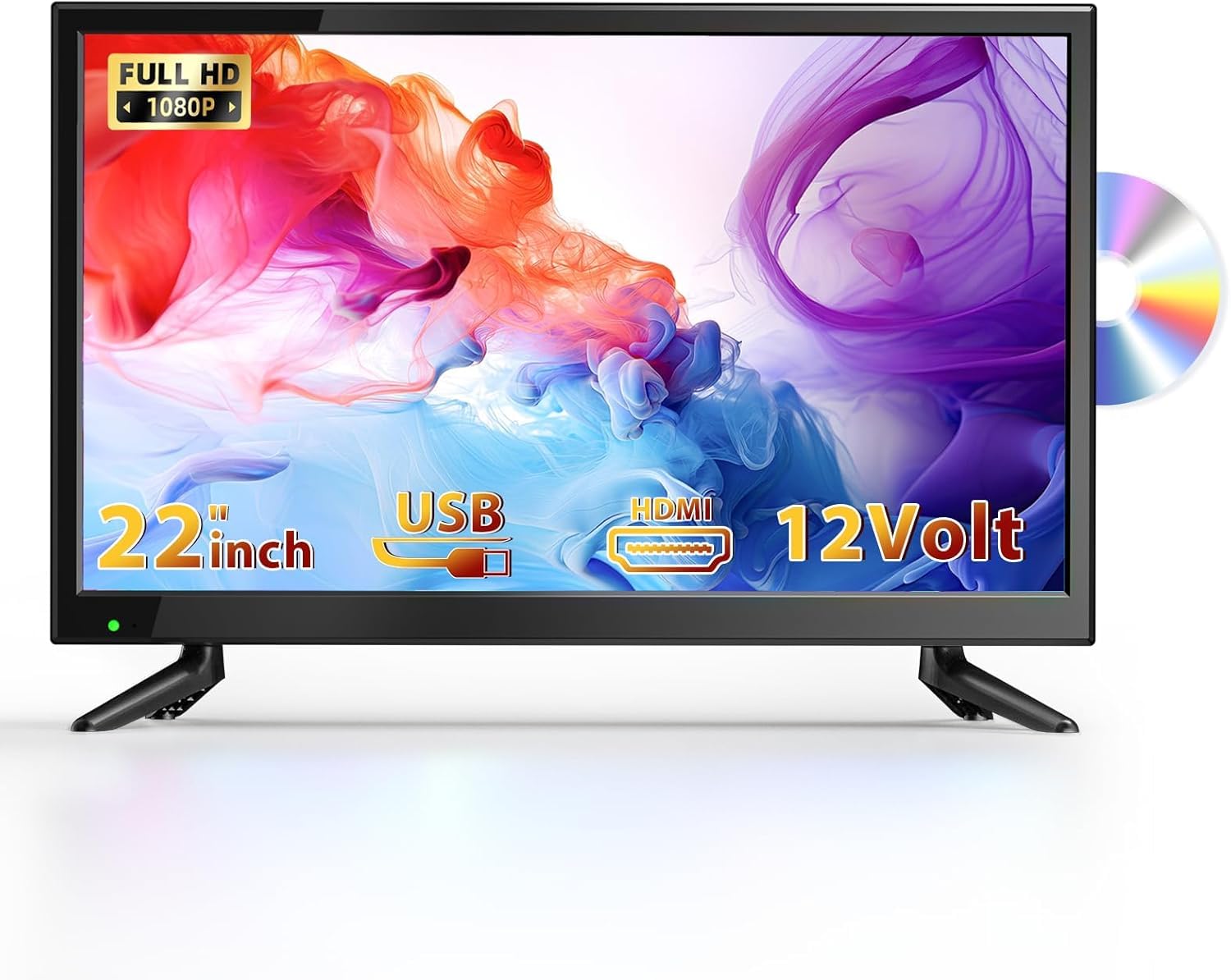 Desobry Mini TV 22 Pulgadas con Reproductor de DVD Integrado | Sintonizador DVB-T2 y antena, HDMI/USB/AV, Combo TV-DVD 12V, Para caravanas, cocinas y espacios reducidos