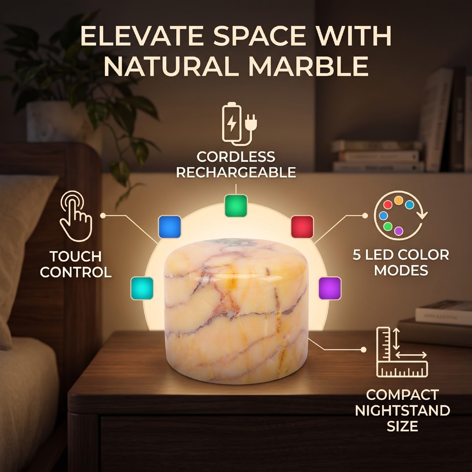 Garsent Lámpara Táctil de Mármol Natural, Luz Nocturna LED con 5 Modos de