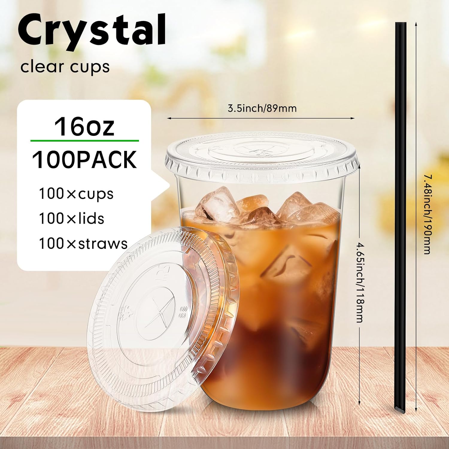 100 Set 16 oz Clear Plastic Cups with Lids and Straws, Disposable Iced Coffee PET Cups for Drinking Cold Beverage Juice Parfait Smoothie Milkshake Coffee Shops Party Supplies - Image 3