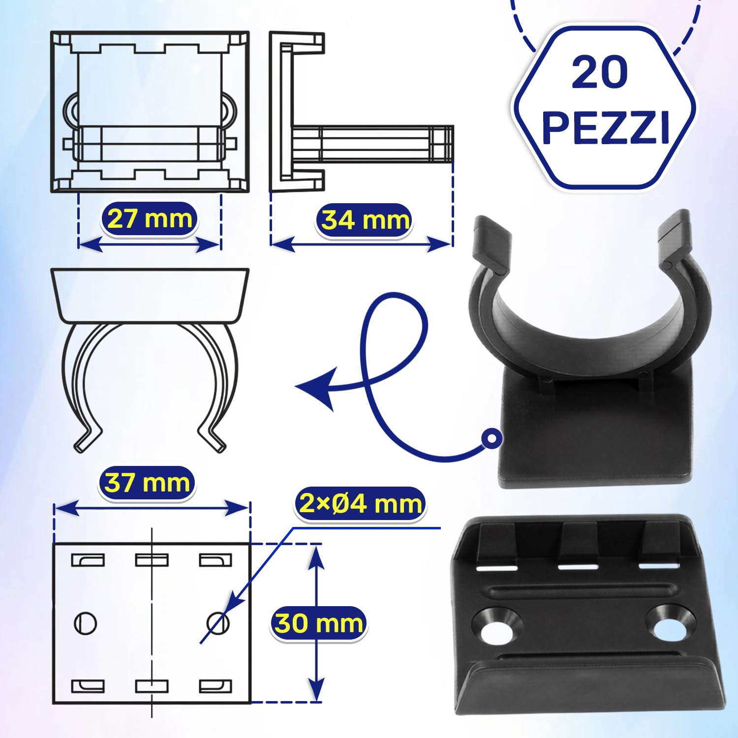 20 Pezzi Ganci per Zoccolo Cucina Universale 30x34 mm per Piedini per Mobili Regolabili - Realizzato in Robusta Plastica Colore Nero - Garanzia di 10 Anni - MONTERAL