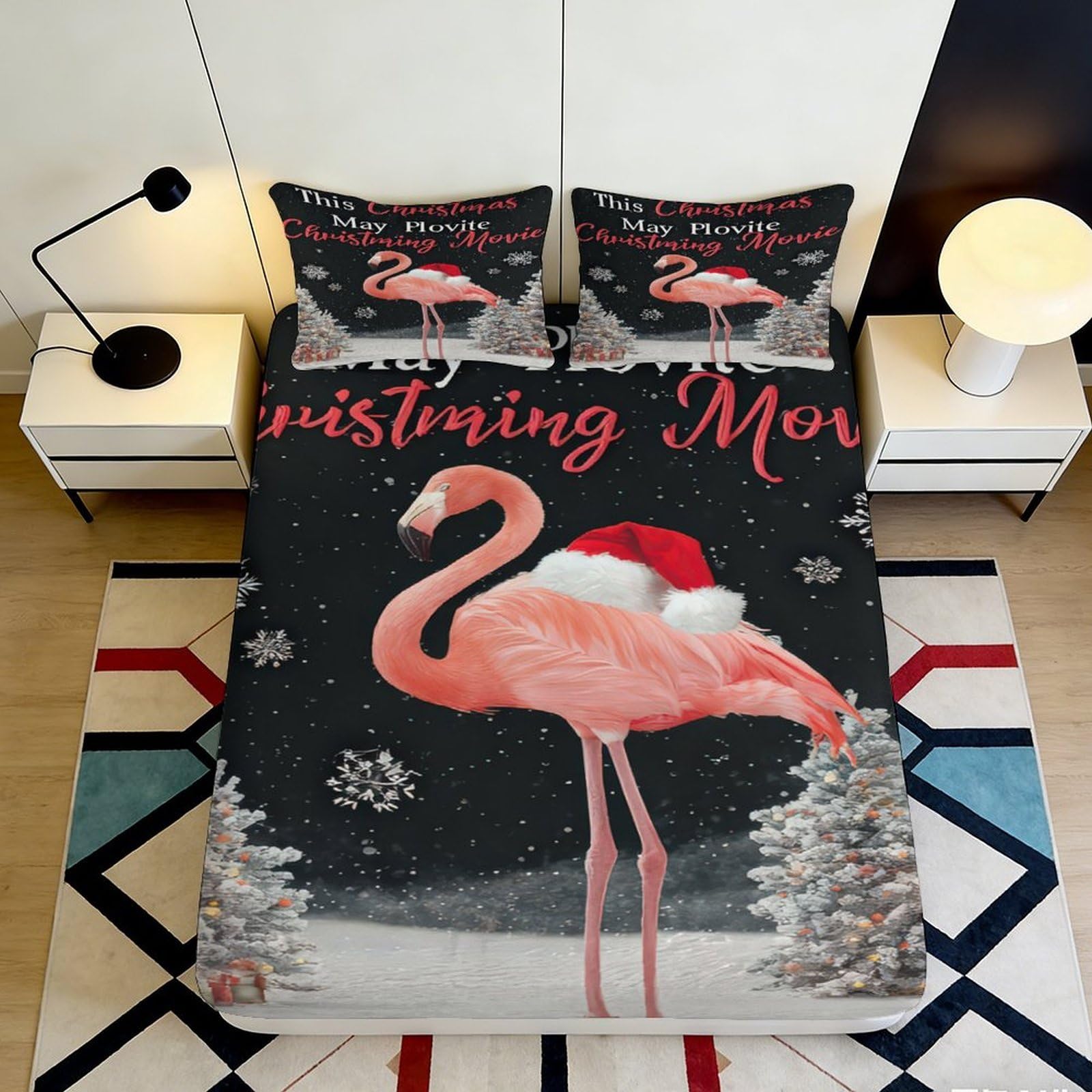 3D Printed Flamingo Christmas Fitted Sheet Microfiber Soft Breathable Holiday Bed Cover for Bedroom Dormitory Guest Room Mattress Protection 160x200x25cm