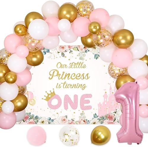 Kit de arco de globos rosa, blanco y dorado, para el primer cumpleaños, Our Little Princess Is Turning One Backdrop para niña de un año