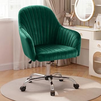 Warmiehomy Desk Chair, Velvet Luxury Vanity Chair with Back, Computer Chair for Bedroom, Women Girl Makeup Office Chair with Arm Rest Emerald Green