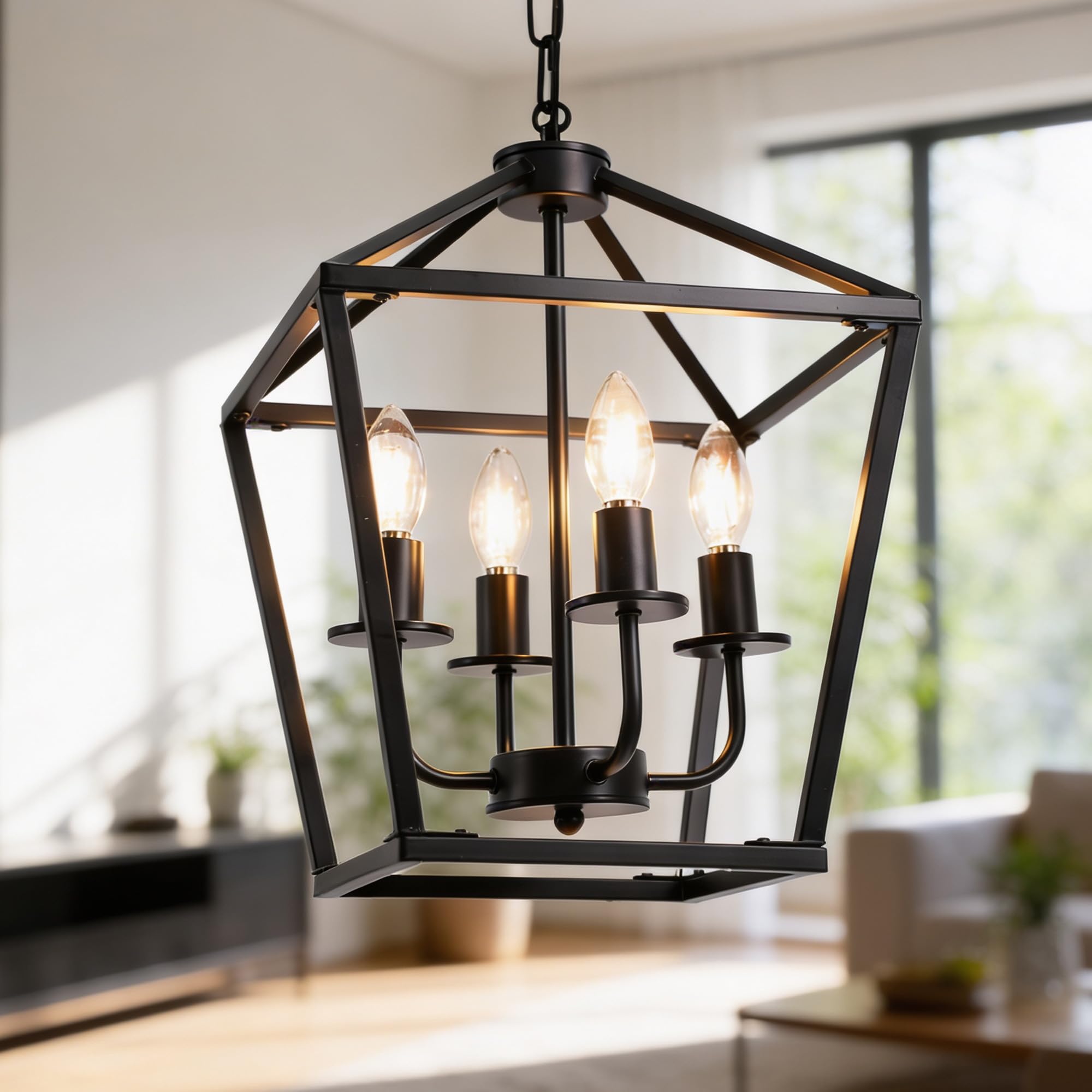 Phaosio 4-Light Black Chandelier, Farmhouse Lantern Chandelier