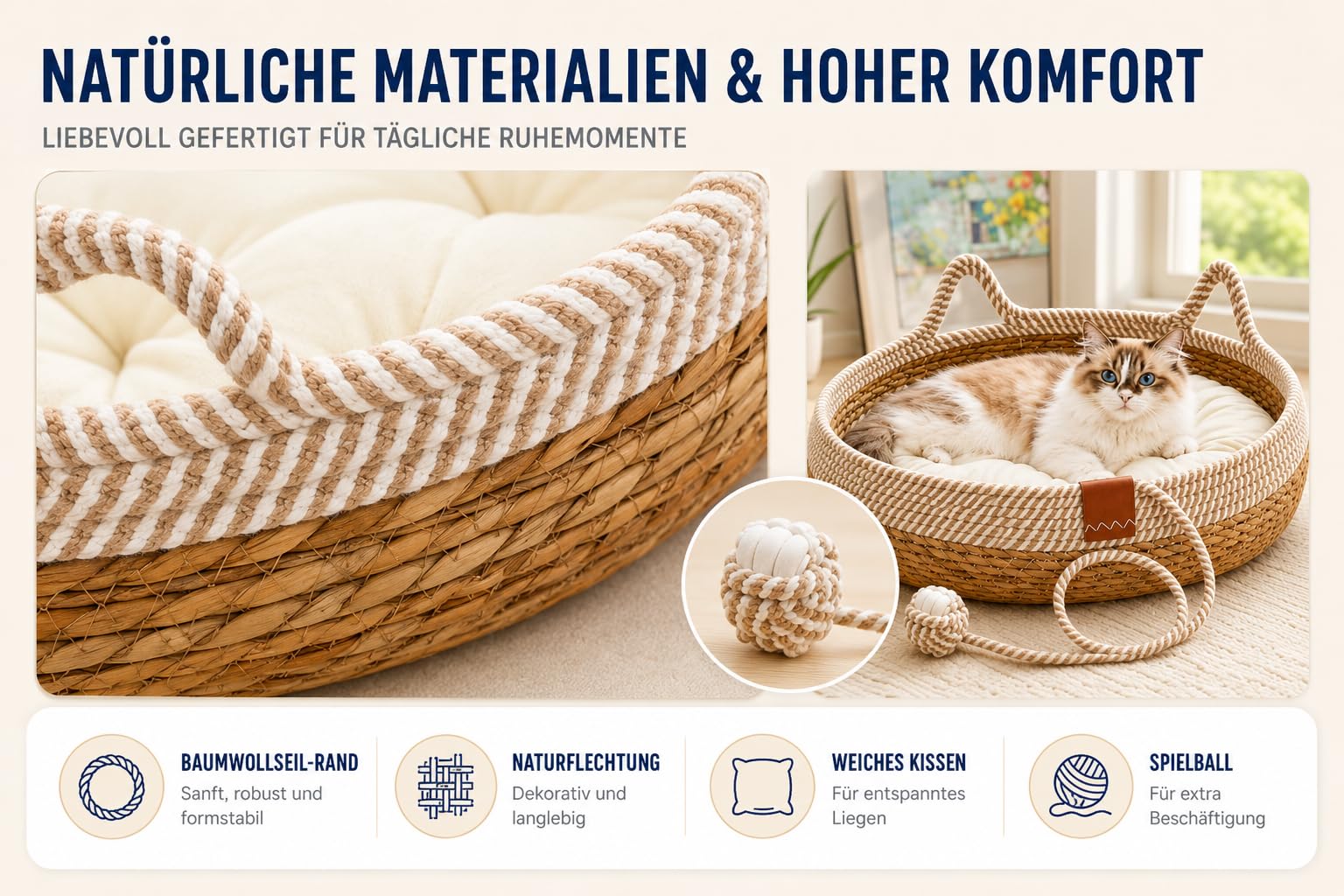 Katzenbett mit Kissen, 50cm Waschbar Katzenkorb Katzenbett Katzenhöhle Haustierbett mit Kissen und Spielball aus Sisal geflochten, zum Schlafen für Alle Katze