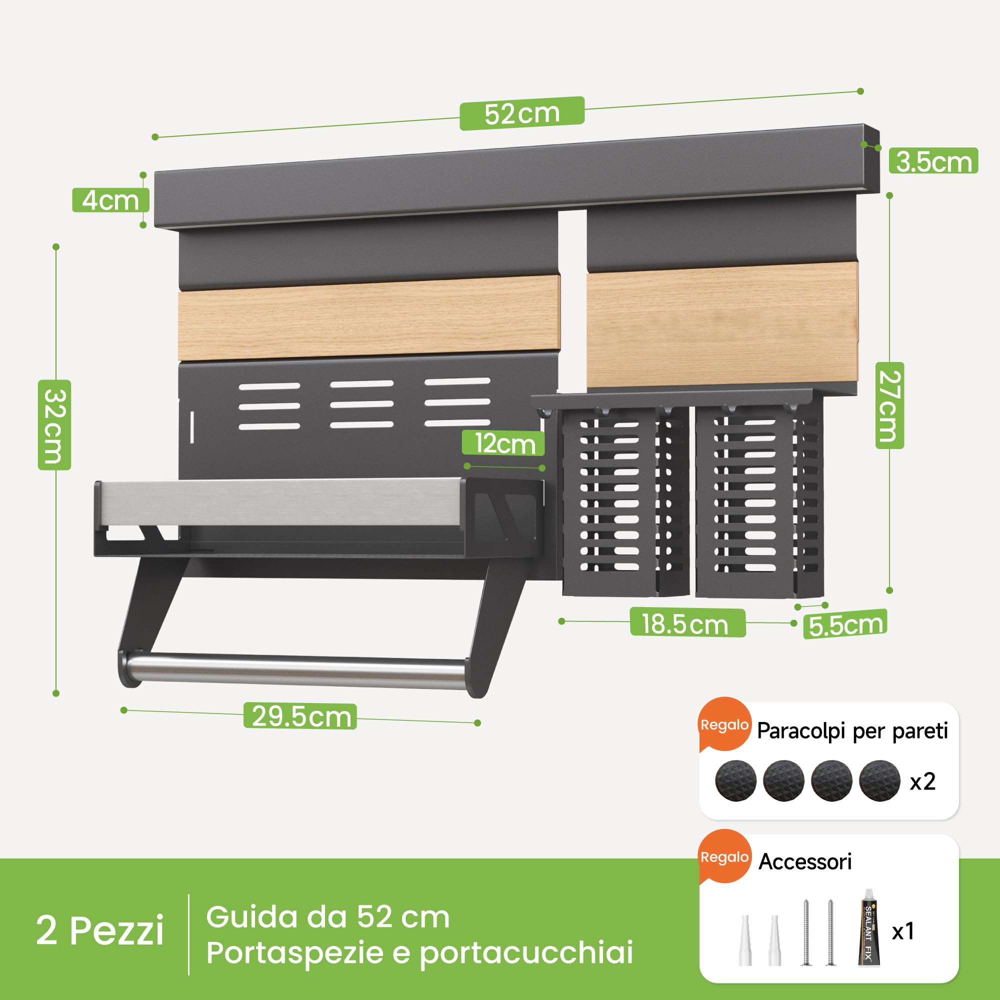 Mai & Mai Porta Spezie e Porta Mestoli da Cucina in Lamiera Zincata, Portaspezie con Porta Rotolo, Portautensili con 5 Ganci, Grigio, da Appendere con Guide, Reglo-10+Reglo-12
