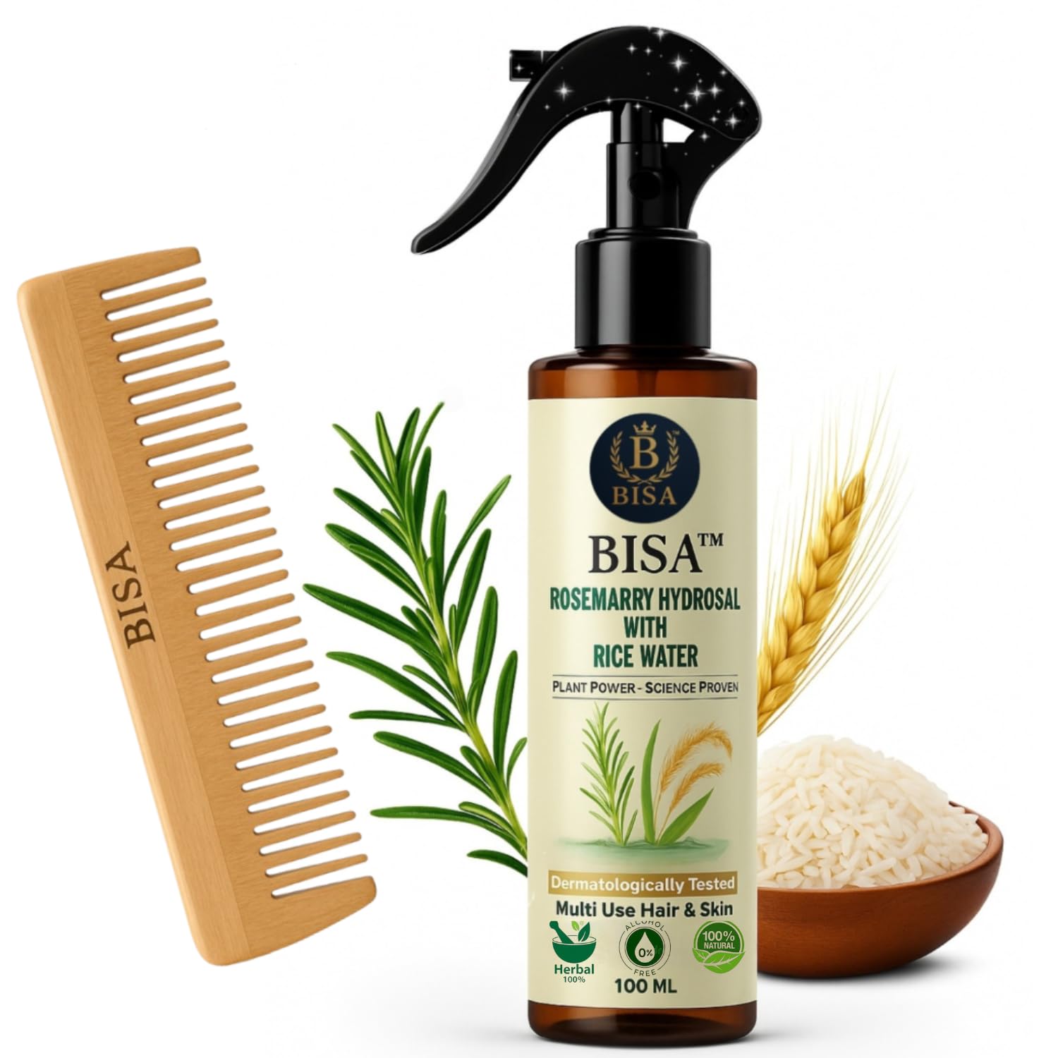 BISA™ Rosemary Hydrosol with Rice Water | 100ml | Alcohol-Free Hair & Skin Mist Spray | Dermatologically Tested | With Free Neem Wood Comb-image-4