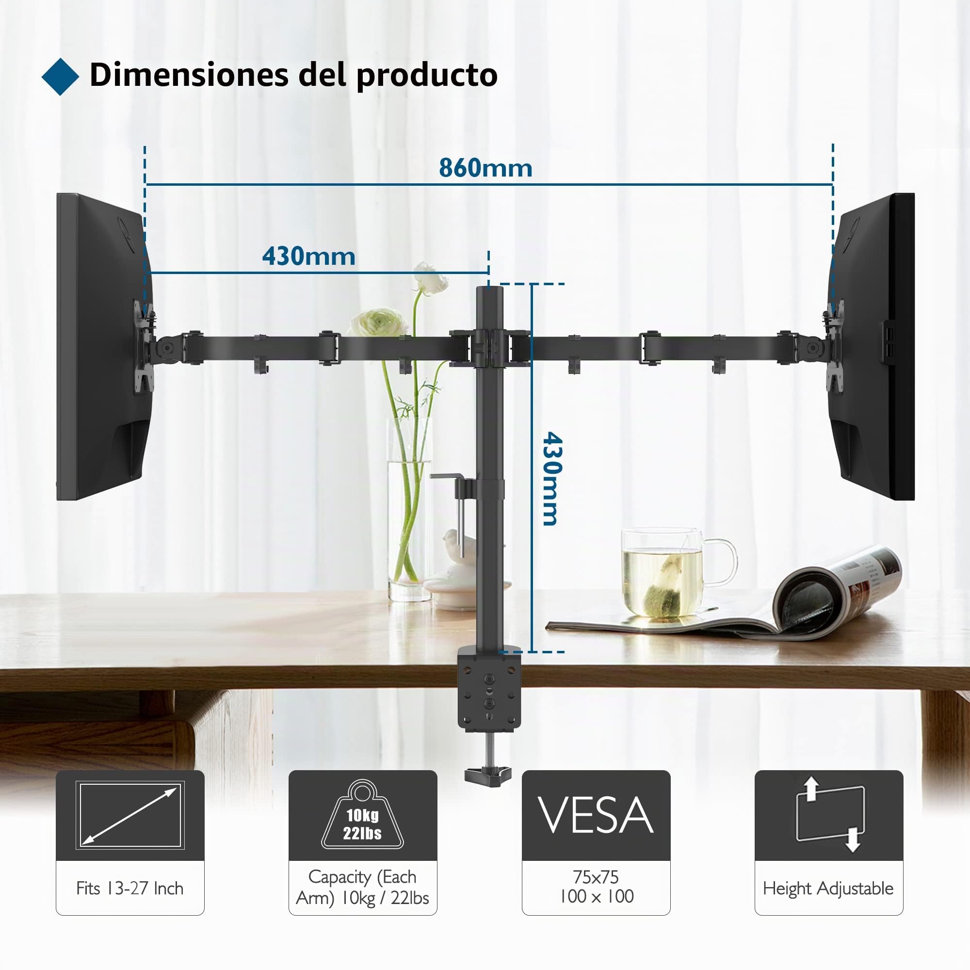 BONTEC Soporte Monitor Doble para Monitor 13-27 Pulgadas LED/LCD, Soporte 2 Monitores Peso Máximo 10KG de Cada Brazo, Giro de 360° y Rotación de 180°, Altura Ajustable, VESA 75/100 mm, Negro