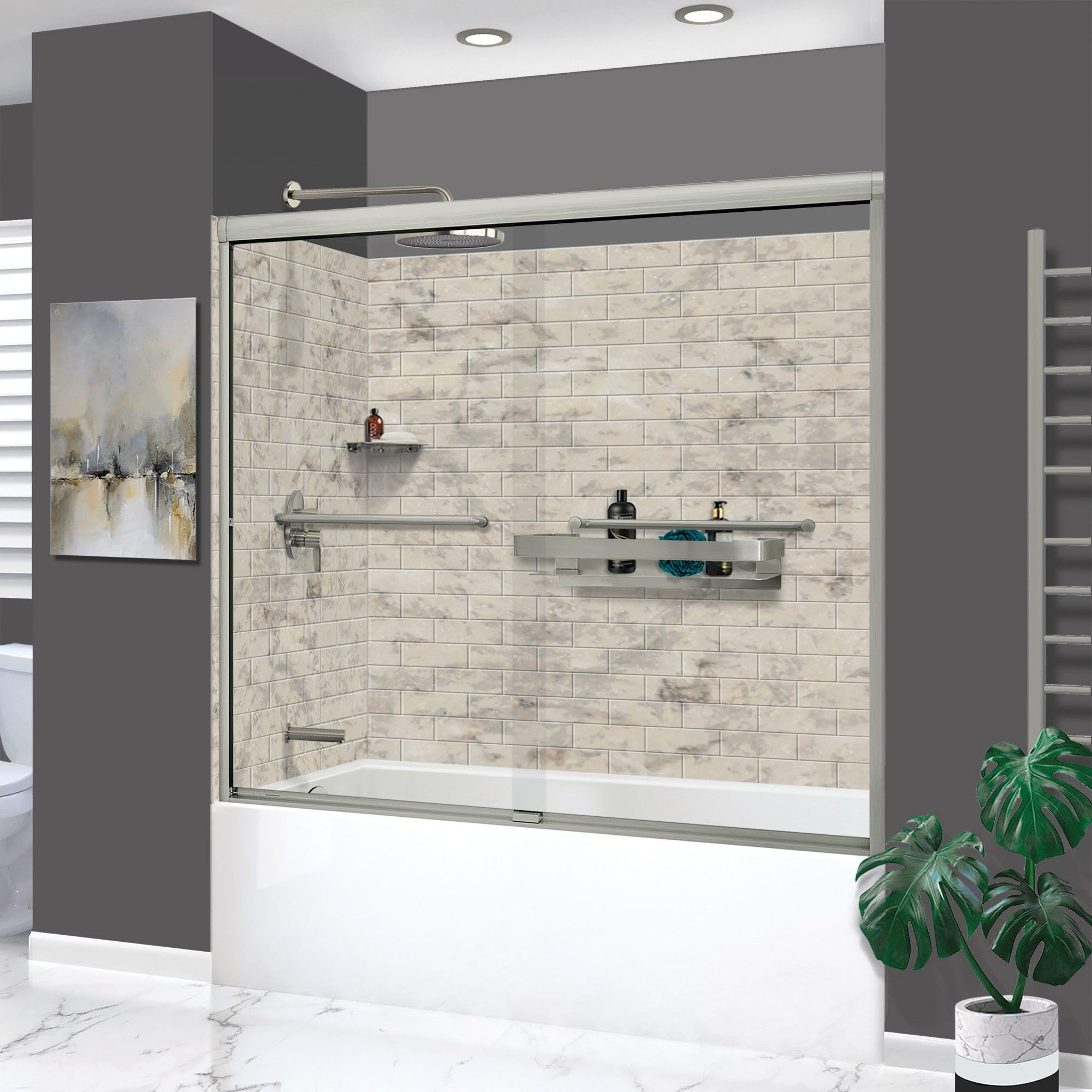 Transolid KTAFS603660L-49BS 60-in x 36-in x 80-in 7-Piece Glue-on Saramar Shower/Tub Kit with Door Faucet and Accessories, Sand Creme/Brushed Stainless