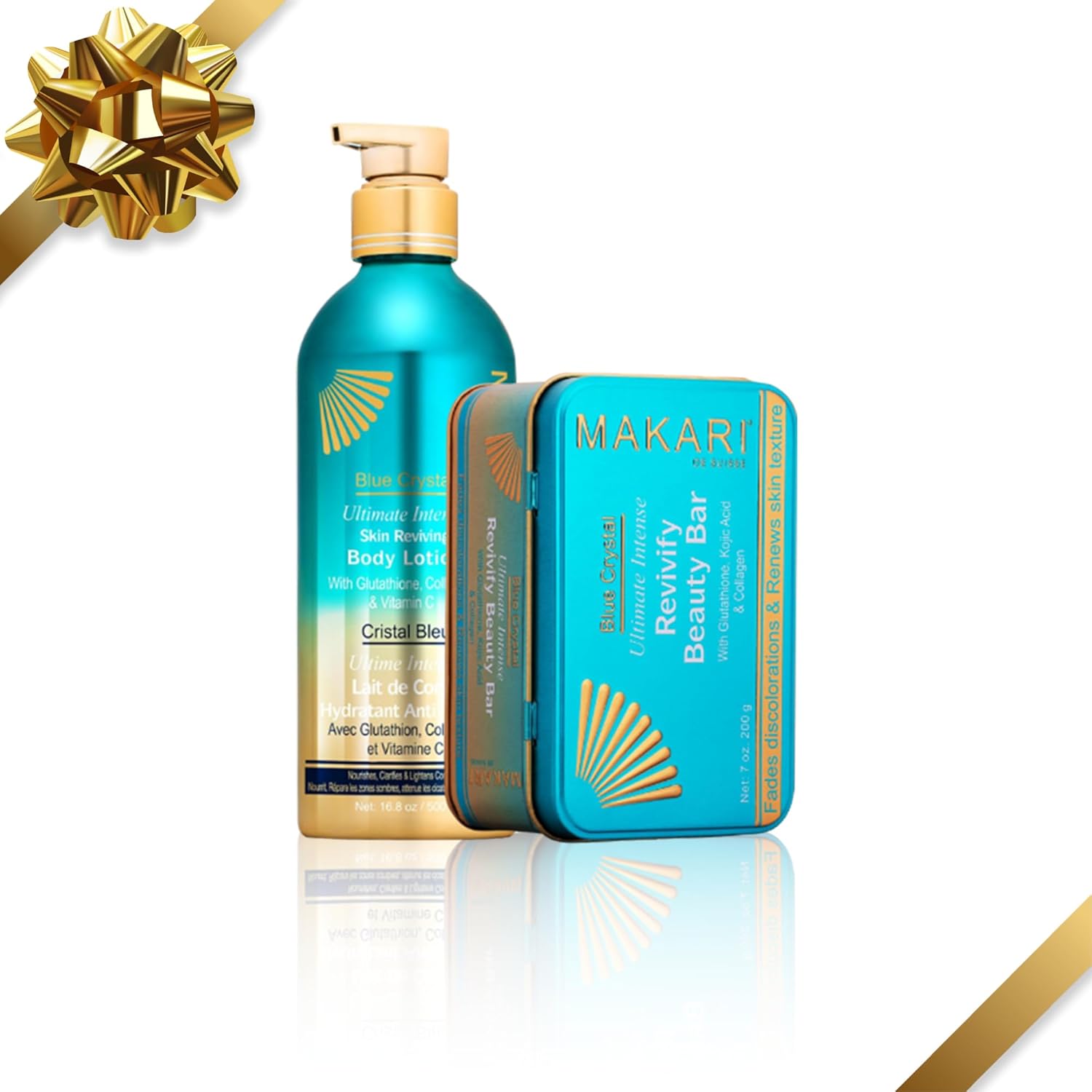 MAKARI Blue Crystal 2-Piece Gift Set with Free Makeup Bag | Brightening Bar Soap & Body Lotion with Glutathione | Botanical Self-Care Kit for All Skin Types
