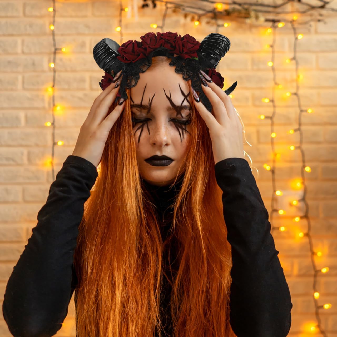 Lurrose Rose Horn Headband Gothic Sheep Horn Lace Headband Devil Cosplay Headpiece Dress up Supplies for Party