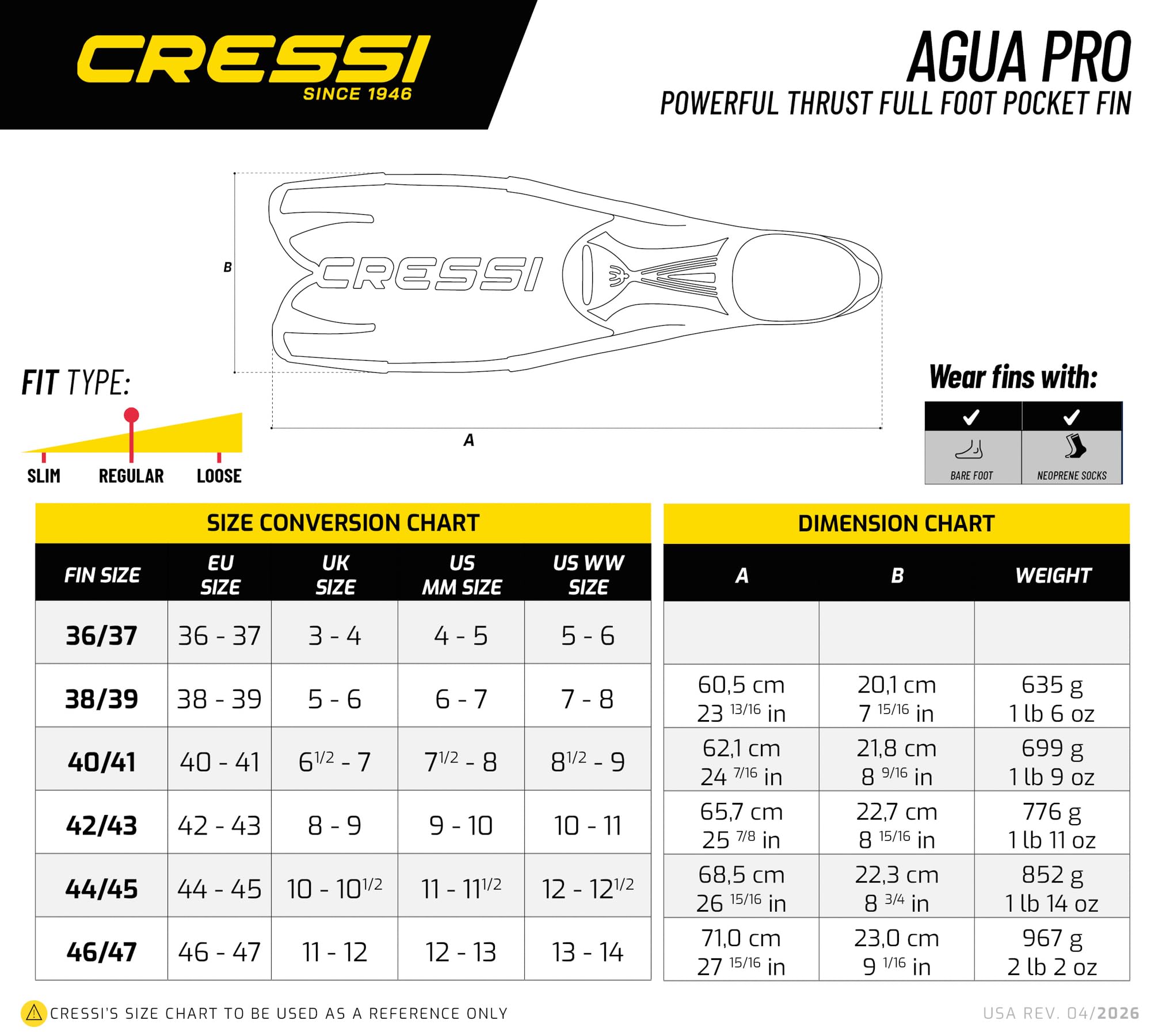 CRESSI Agua Pro Fins Palme Chaussante Plongée Snorkeling Apnée Natation Eau Libre