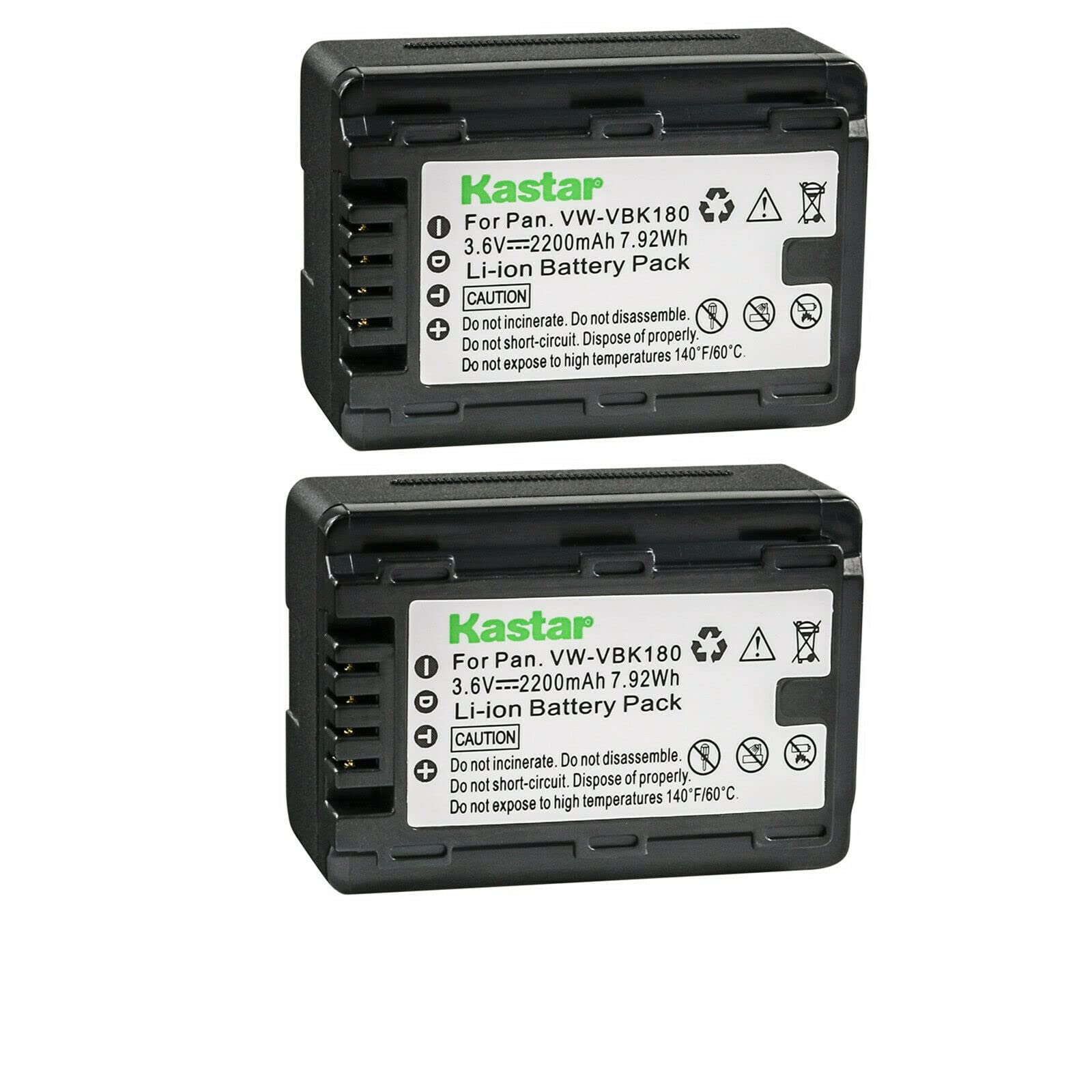 Kastar 2-Pack Battery VW-VBK180 Replacement for Panasonic HDC-TM40PC, HDC-TM41, HDC-TM41H, HDC-TM41P, HDC-TM41PC, HDC-TM45, HDC-TM55, HDC-TM55K, HDC-TM55P, HDC-TM55PC, HDC-TM60, HDC-TM60P Camera