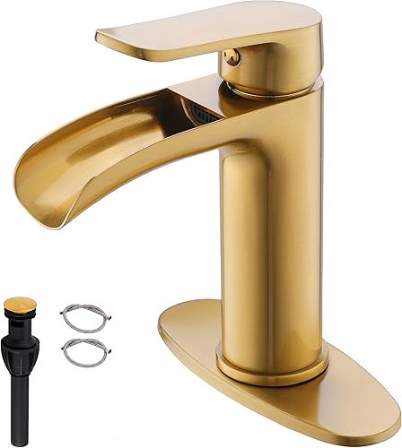 BRAVEBAR Grifo de baño de cascada dorada, grifos de baño de un solo orificio de latón macizo moderno de una sola manija para 1 agujero con placa de