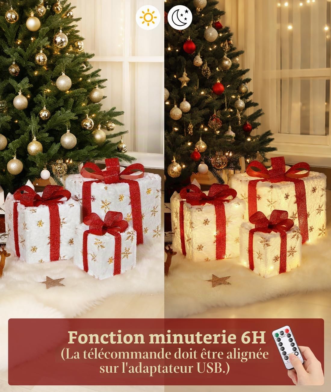 Coffrets Cadeaux de Noël Illuminés, 3 PCS Grandes Décorations pour Intérieur et Extérieur avec Télécommande, USB Plug in, Cadeau avec Flocon de Neige et Nœuds, Décoration pour Maison Véranda Pelouse