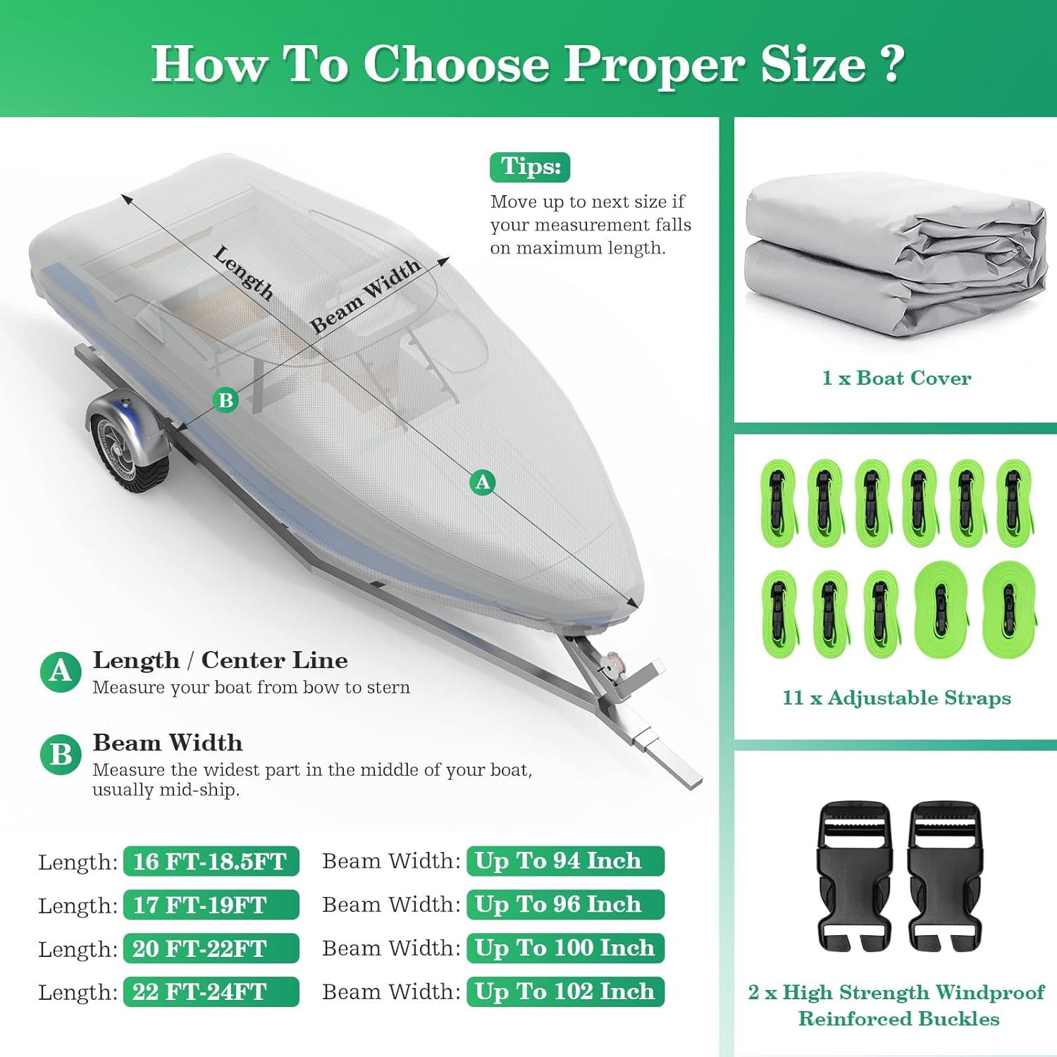 UIRWAY 1200D Heavy Duty Waterproof V-Hull Boat Cover, 20-22ft Trailerable with Night Safety Reflective Strips, UV Resistant Marine Grade for Bass Boat, Runabout, Tri-Hull, Fish & Ski, Bowride - Gray