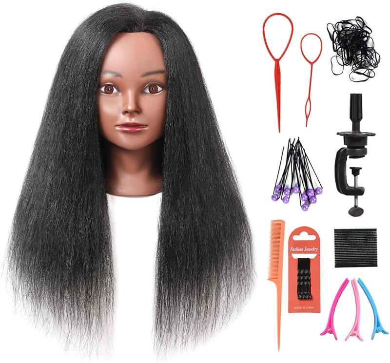 Mannequin Head with 100% Real Hair, 16" Cosmetology Mannequin Manikin Training Practice Doll Head for Hairdresser Braiding Hair Styling Hairdressing with Clamp Holder- Black