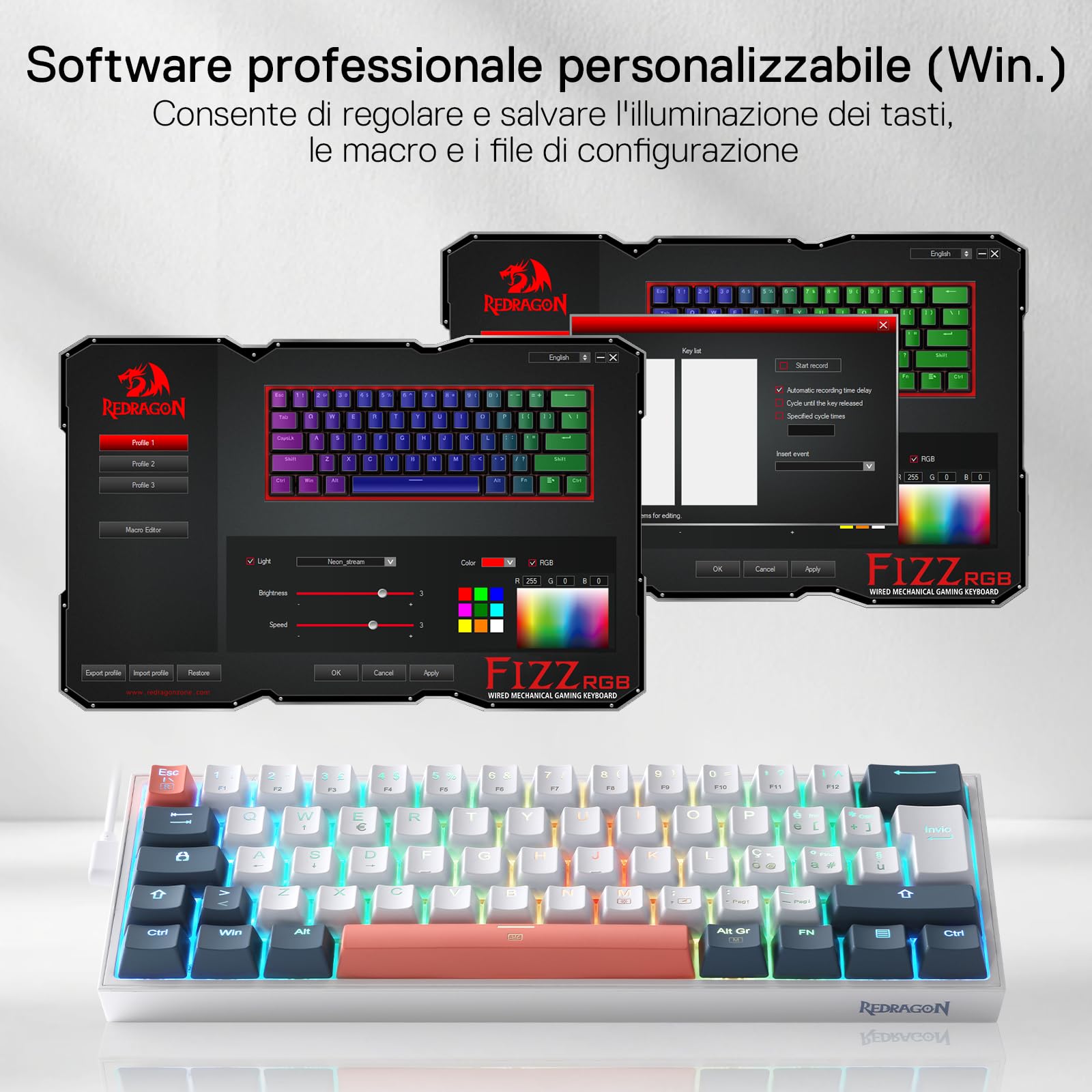 Redragon K617 Fizz 60% Wired RGB Gaming Tastiera Meccanica, 62 Tasti Hot-Swap, Interruttori Rossi Lineari, Layout Italiano QWERTY