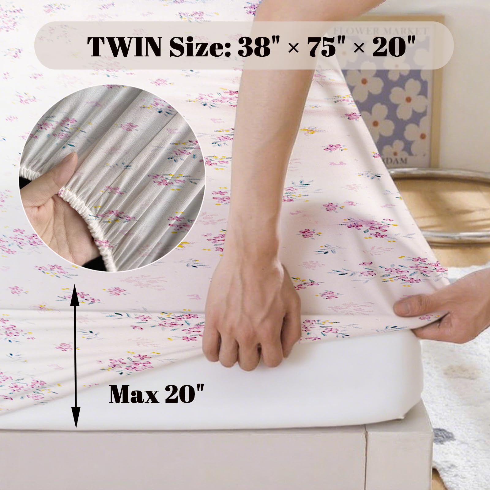 MorroMorn Twin Fitted Sheet Only, Twin Size Mattress Cover Bottom Sheet with Deep Pocket - Cute Neutral Super Soft Microfiber for Girls Kids Tween Teen, No Pillowcases 38x75x20in (Pink Flowers)