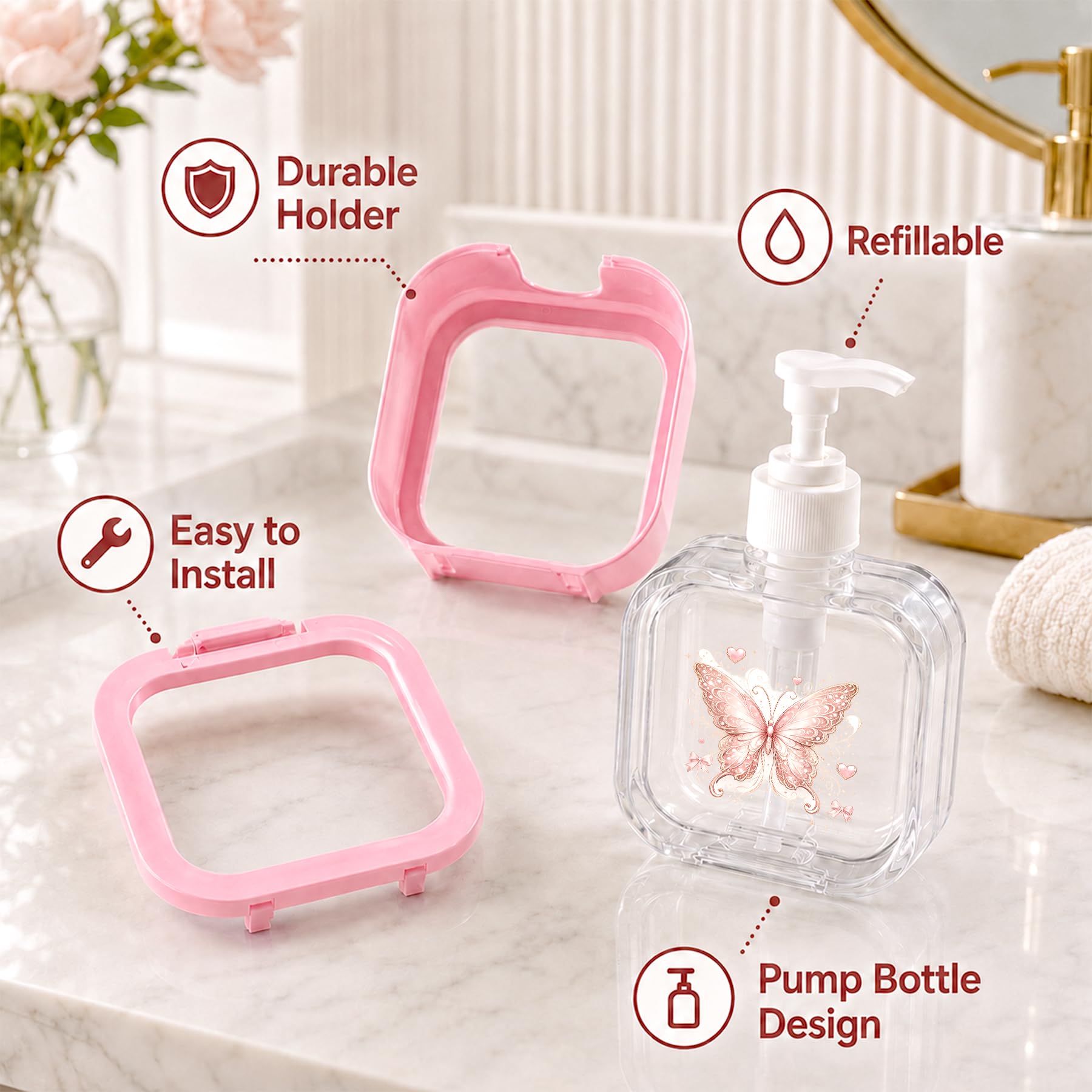 Amazon｜ピンクローズフラワーソープディスペンサー 500ml ポンプ