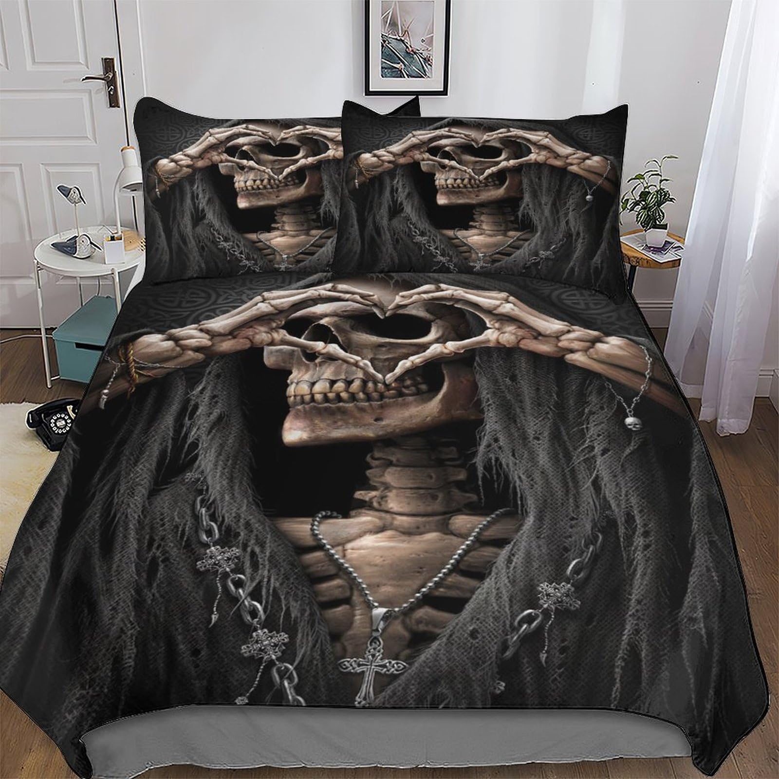 Llxxhh Gothic, Skeleton Bedding Sets With Pillowcase Soft Duvet Cover Microfiber 3Pcs Set Quilt Cover For Kids Youth Adult Comforter Cover King(220X240cm)